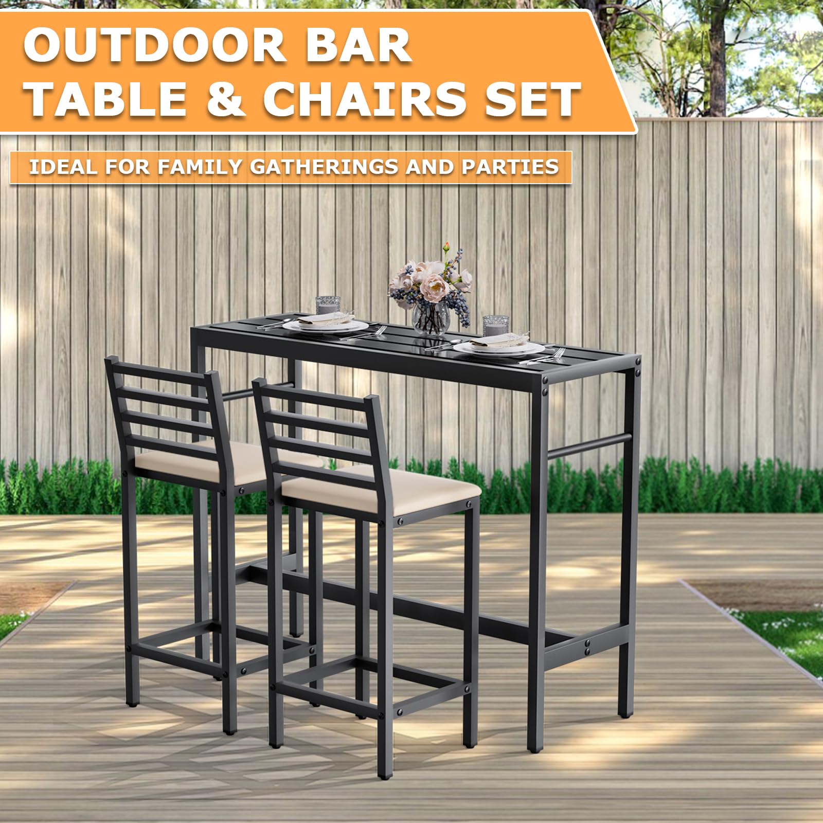 3 Piece Outdoor Patio Bar Set with Cushioned Stools