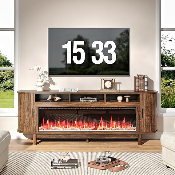 70 Inch Curved Fireplace TV Stand with Storage