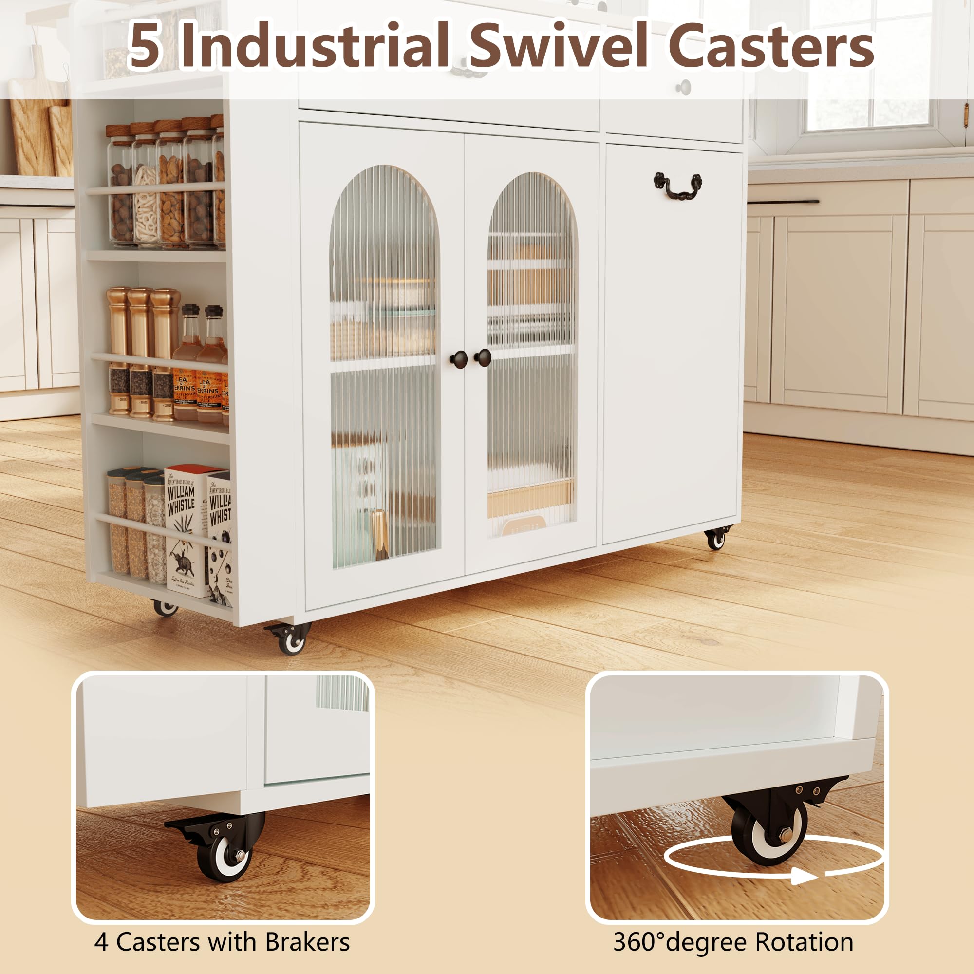 Rolling Kitchen Island with Trash Can Storage and Power Outlets