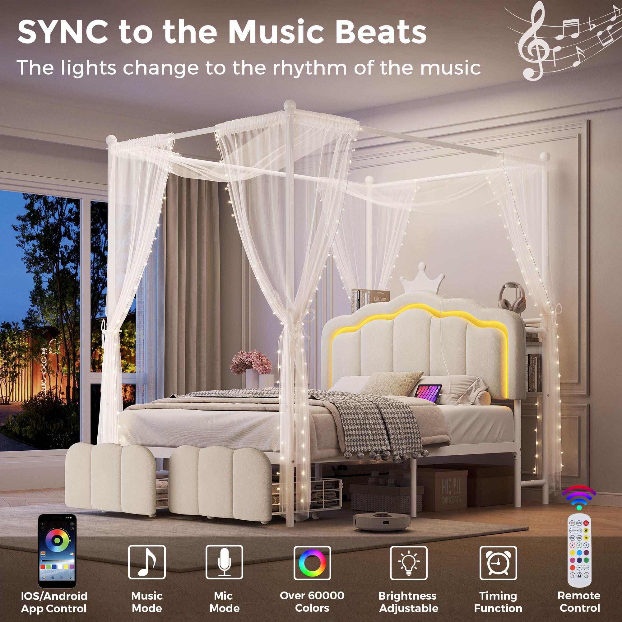 Full Velvet Upholstered LED Canopy Bed Frame with 2 Storage Drawers and Charging Station, Crown Headboard with Bookshelf, Two-Use Princess Platform Bed with 4 Removable Posts,Metal Slats Support-Beige