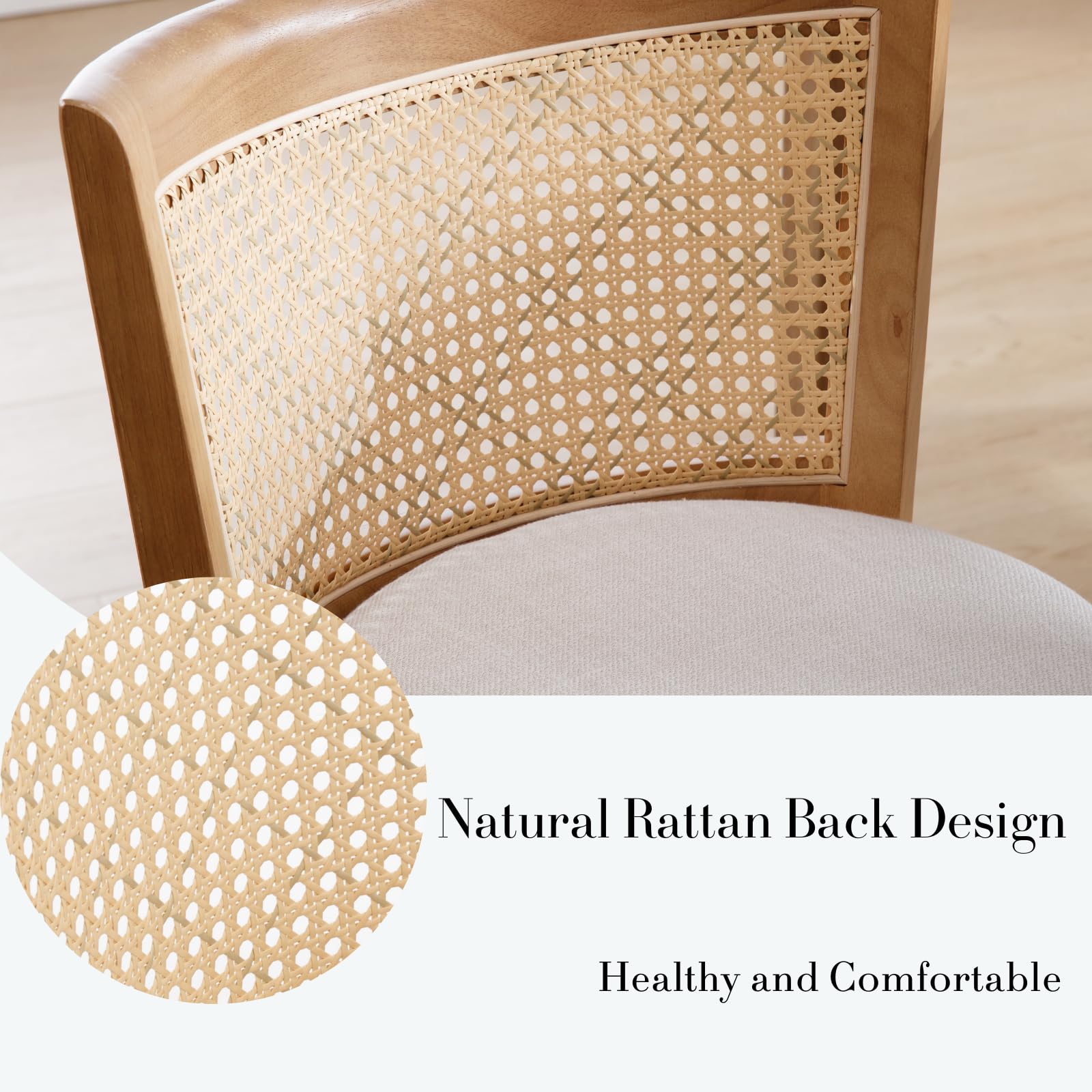 Wooden Dining Chairs Set of 4 with Linen Upholstery and Rattan Back