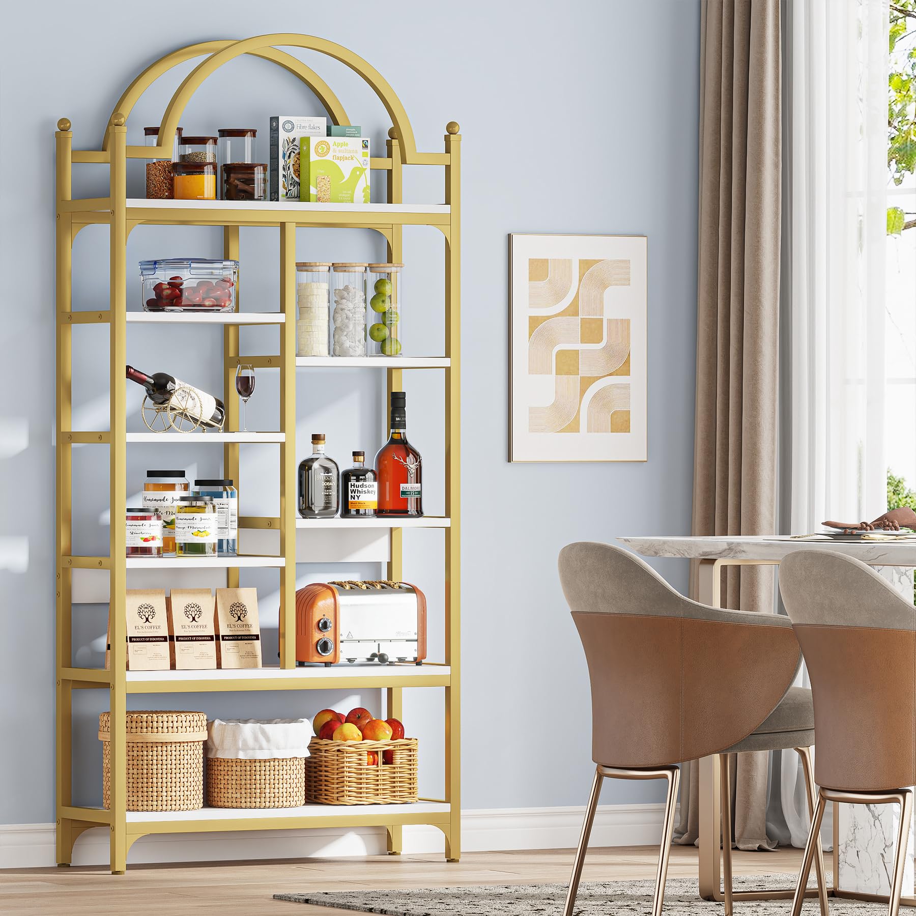 71 Inch Tall Gold Bookshelf 8-Tier Modern Arched Etagere