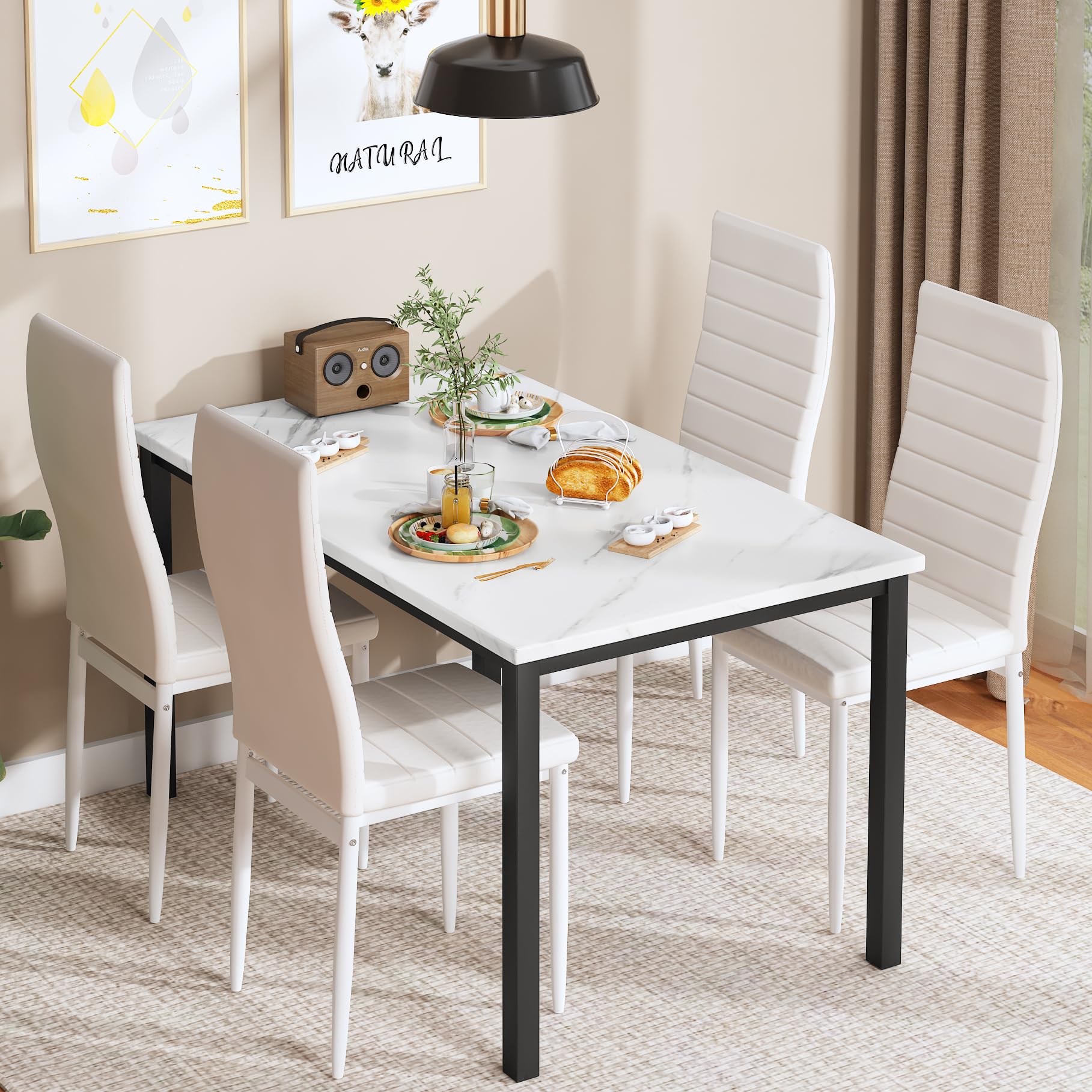 5-Piece Dining Table Set with Faux Marble Top