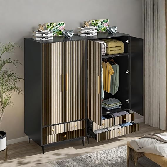 Armoire Wardrobe Closet with 2 Fluted Doors and 3 Drawers