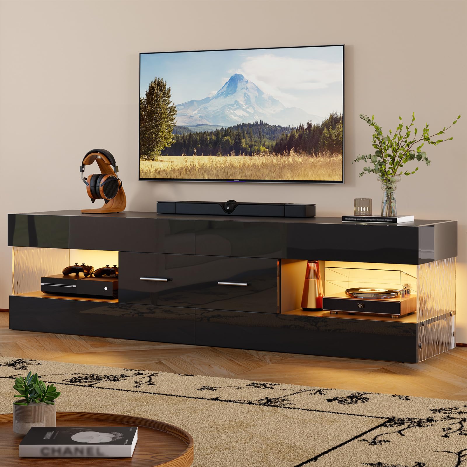 Black TV Stand for 55-65 Inch TV with LED Lights
