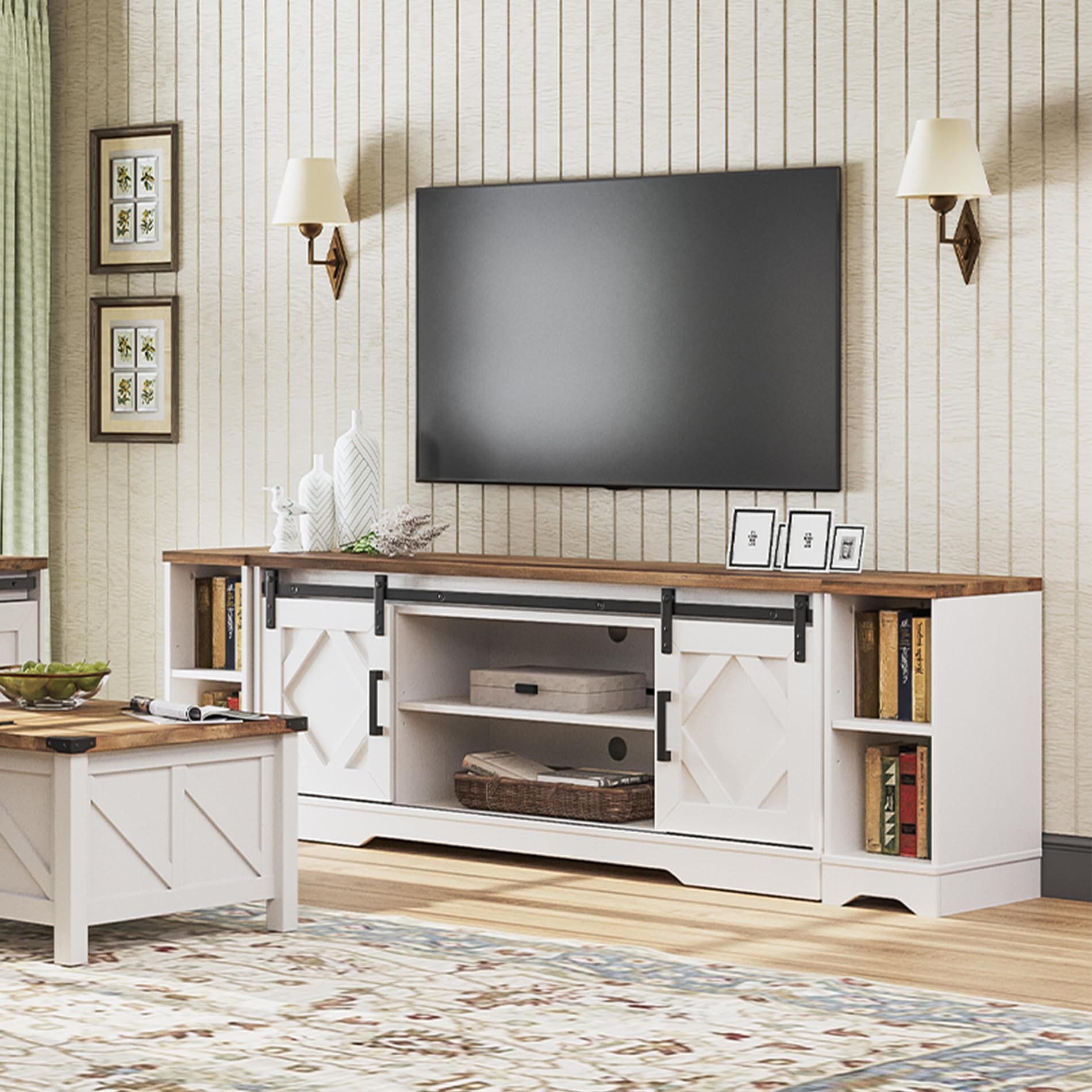 Modern Farmhouse 3-in-1 TV Stand for 95" TVs with Sliding Barn Doors
