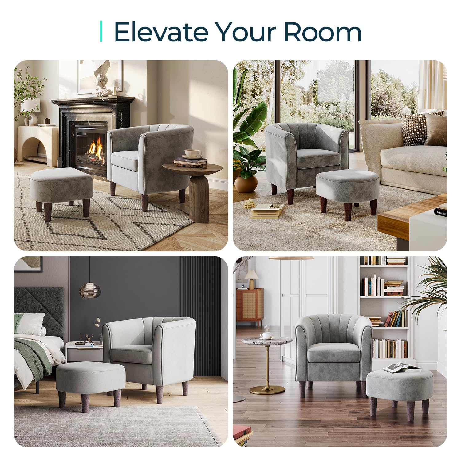 LINSY Accent Chair with Ottoman, Modern Barrel Chair Comfy Armchair Reading Chair with Footrest, Round Arms Chair for Living Room Bedroom Reading Room, Velvet, Light Grey