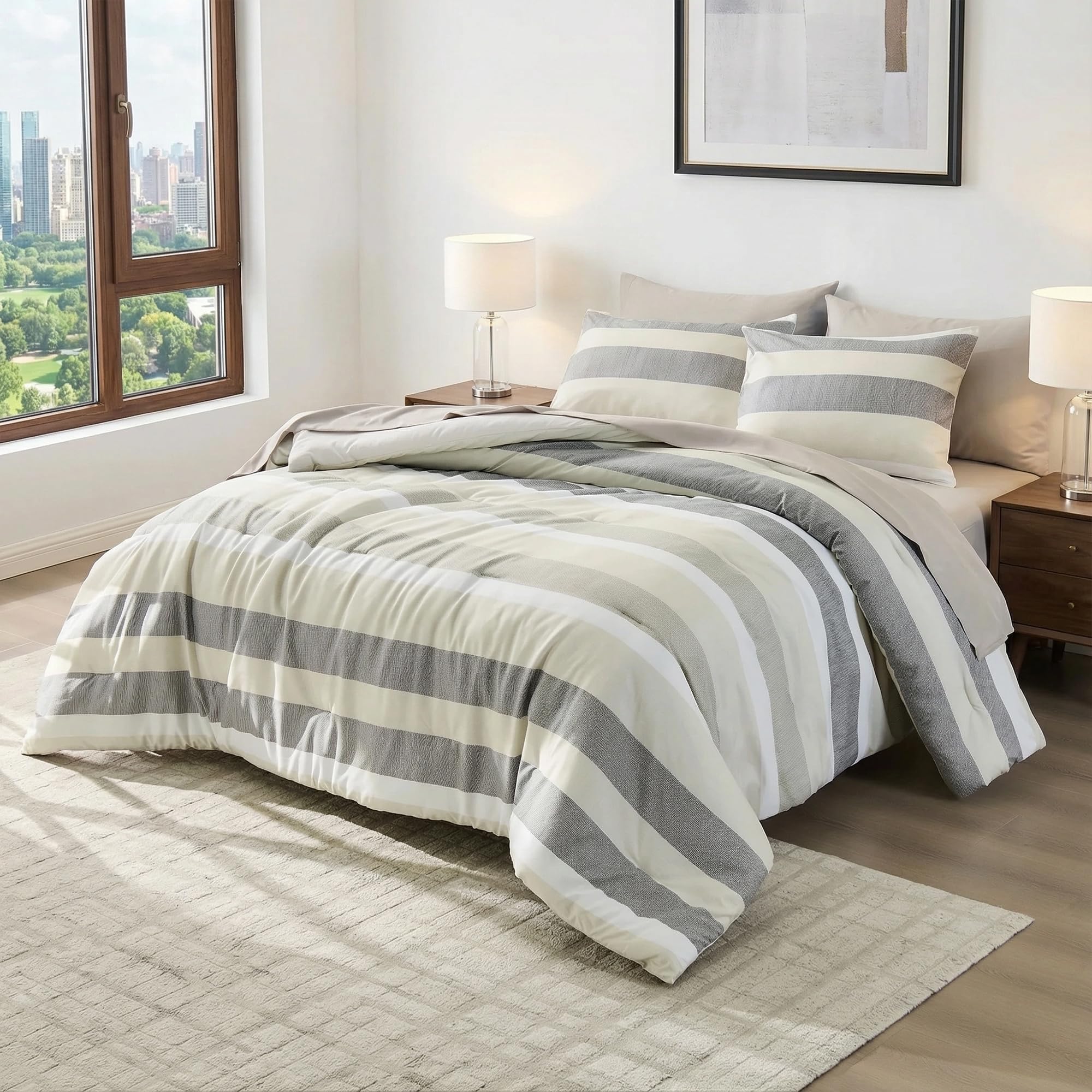 King Size Striped Comforter Set 7 Piece