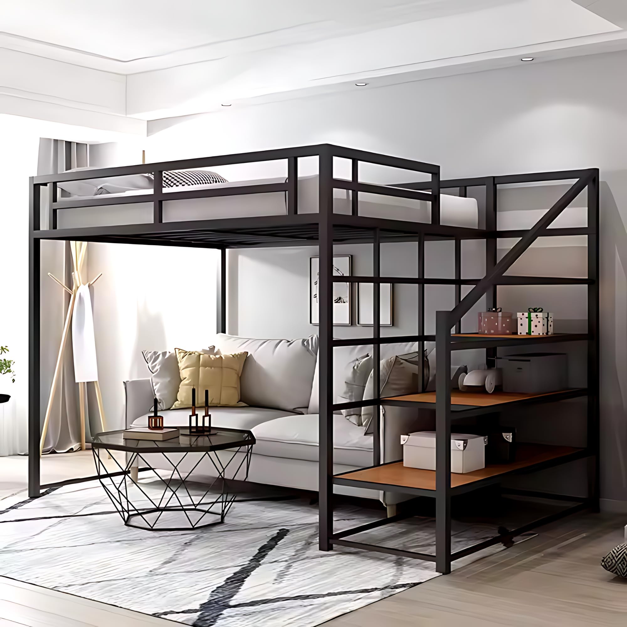 Twin XL Metal Loft Bed with Storage Shelves and Stairs