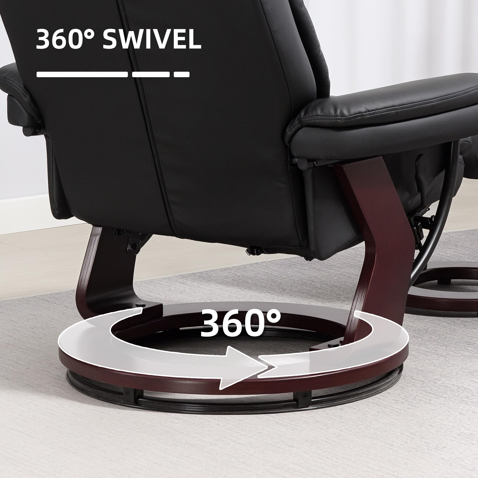 HOMCOM Recliner Chair with Ottoman, PU Leather Swivel Recliner with Comfy Footrest, Upholstered Adjustable Living Room Chair and Ottoman Set, Black