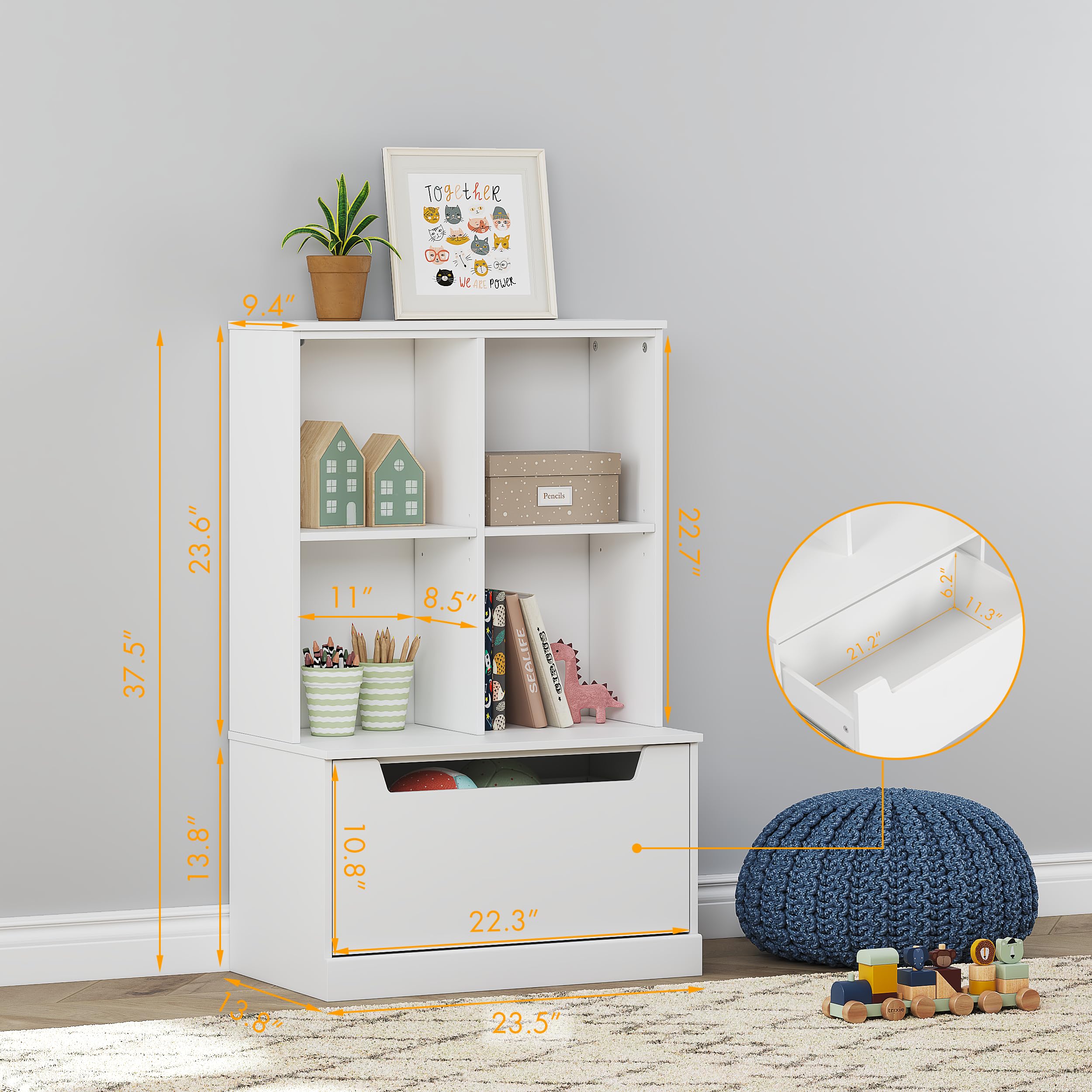 Kids Bookshelf and Toy Storage Organizer with Cubbies and Drawer