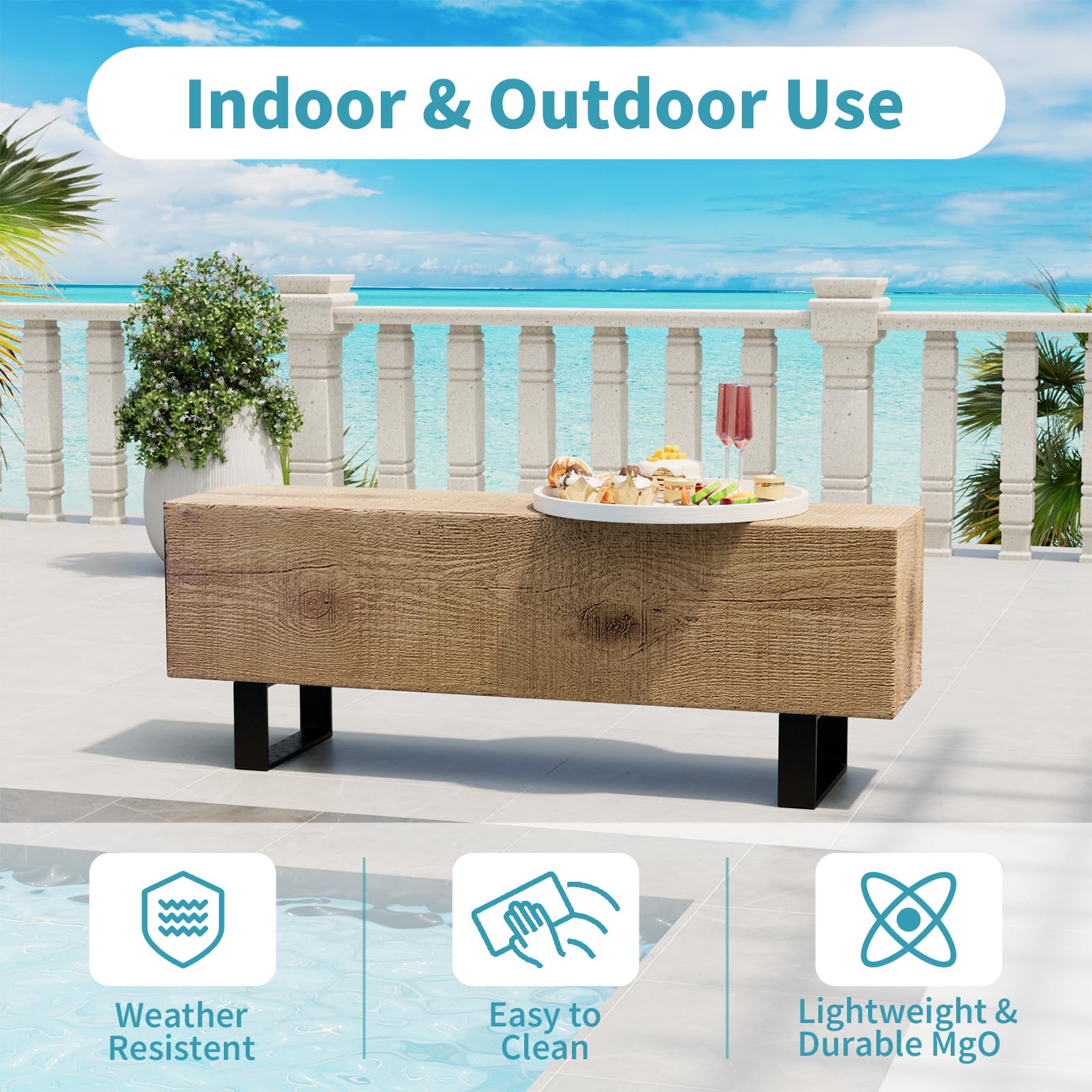 Modern Outdoor Bench 48" Faux Wood Concrete Backless Patio Garden