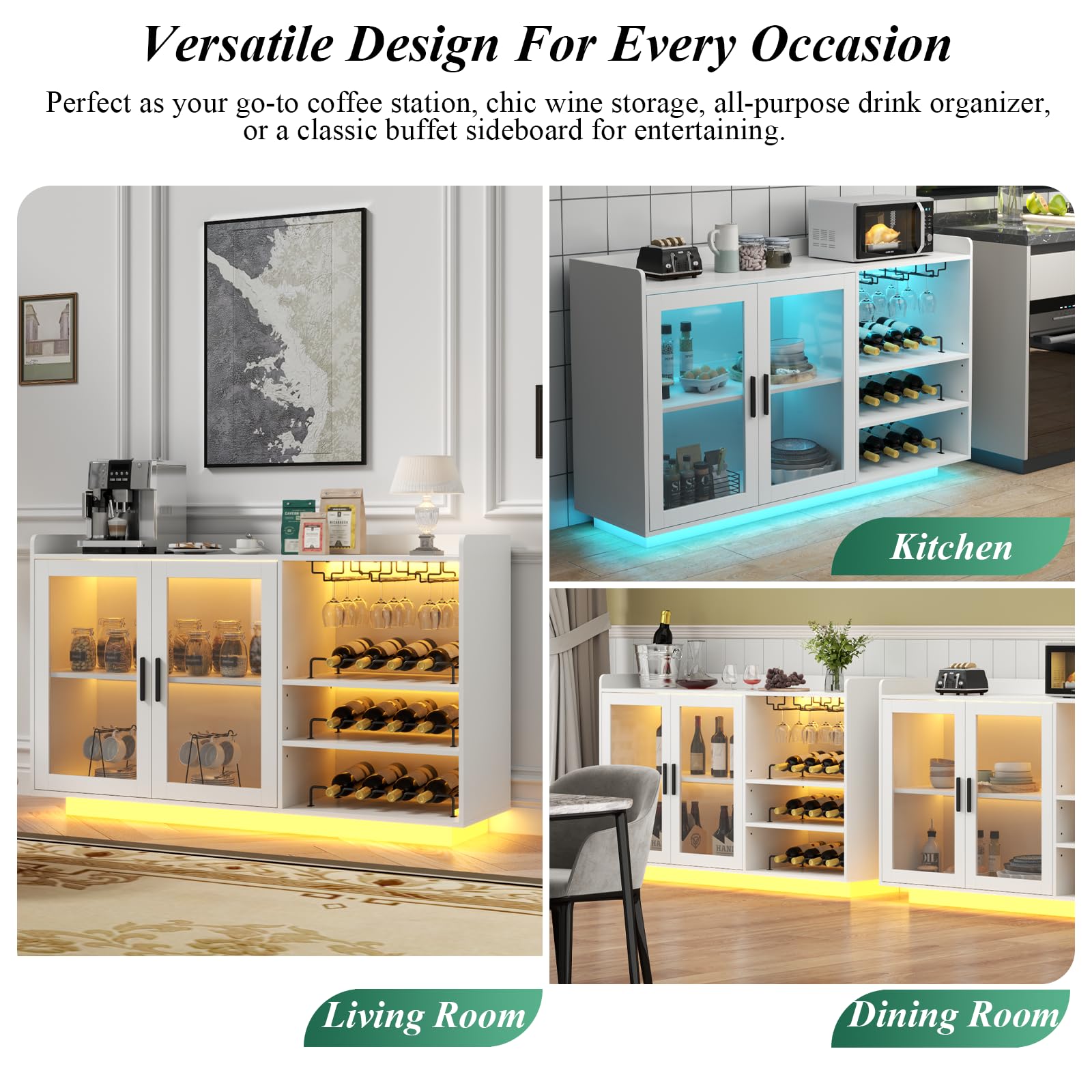Wine Bar Cabinet with LED Lights and Glass Doors