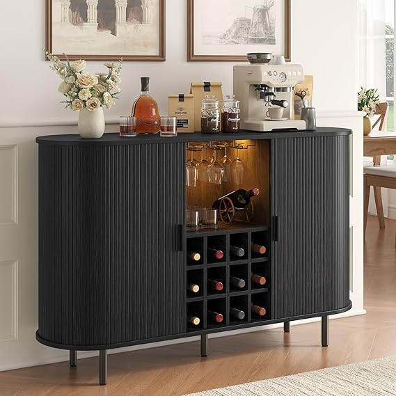 55 Inch Fluted Wine Bar Cabinet with LED Light and Charging Station
