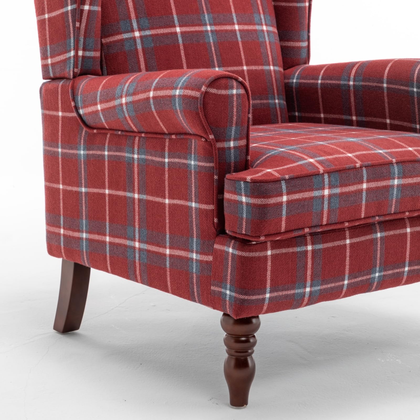 Vintage Tartan Wingback Armchair with Solid Wood Legs