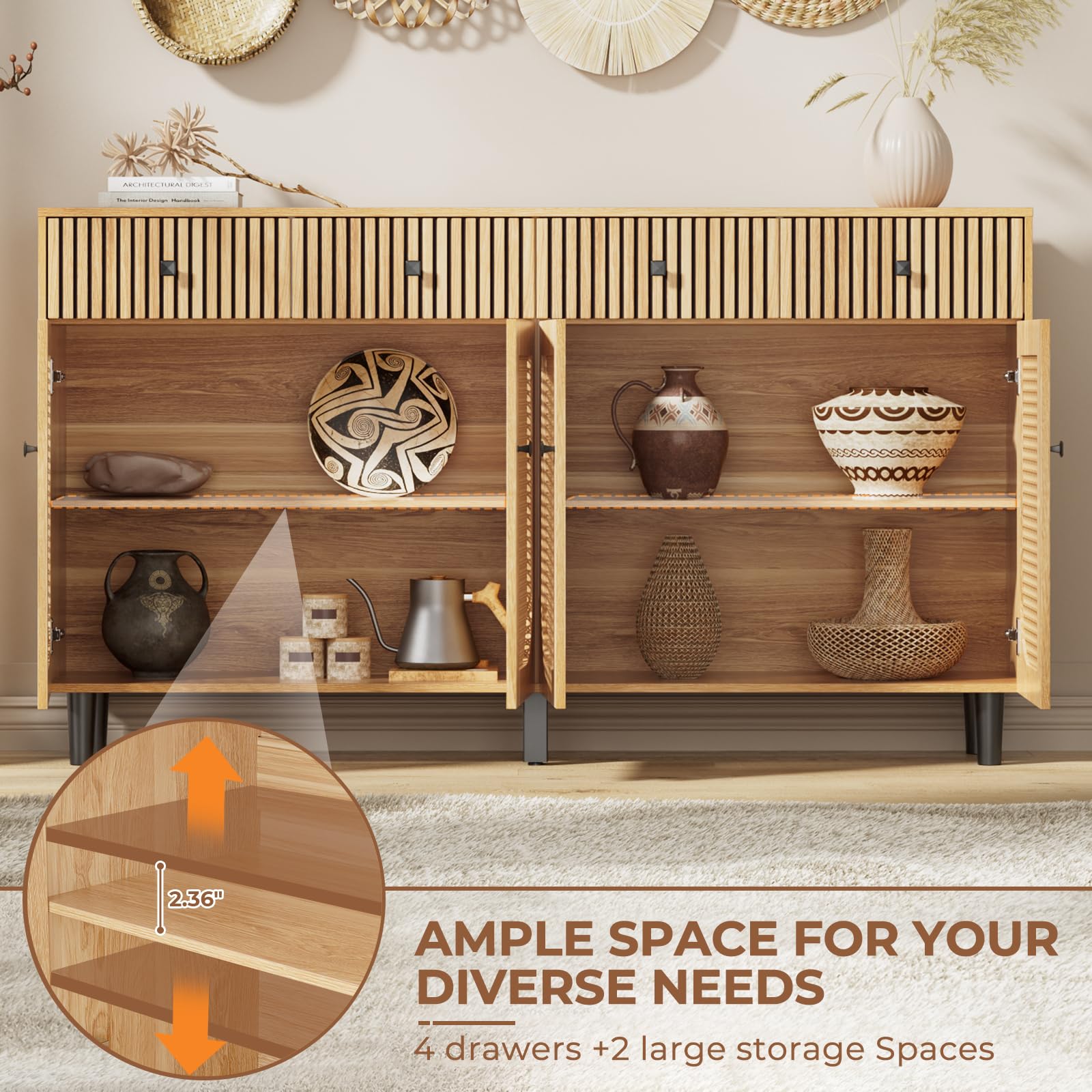63 Inch Rattan Sideboard Buffet Cabinet with 4 Drawers