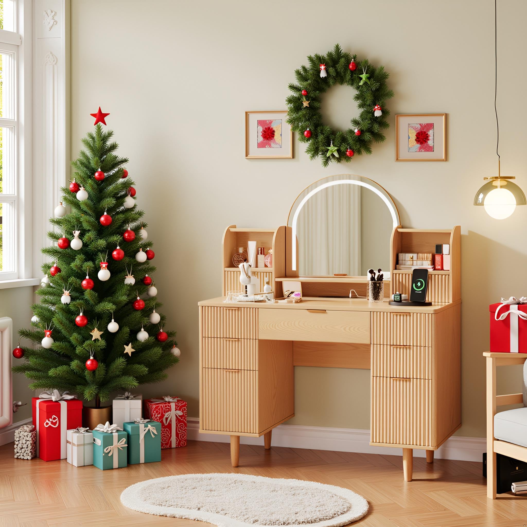 Wood Vanity Desk with Mirror and Lights