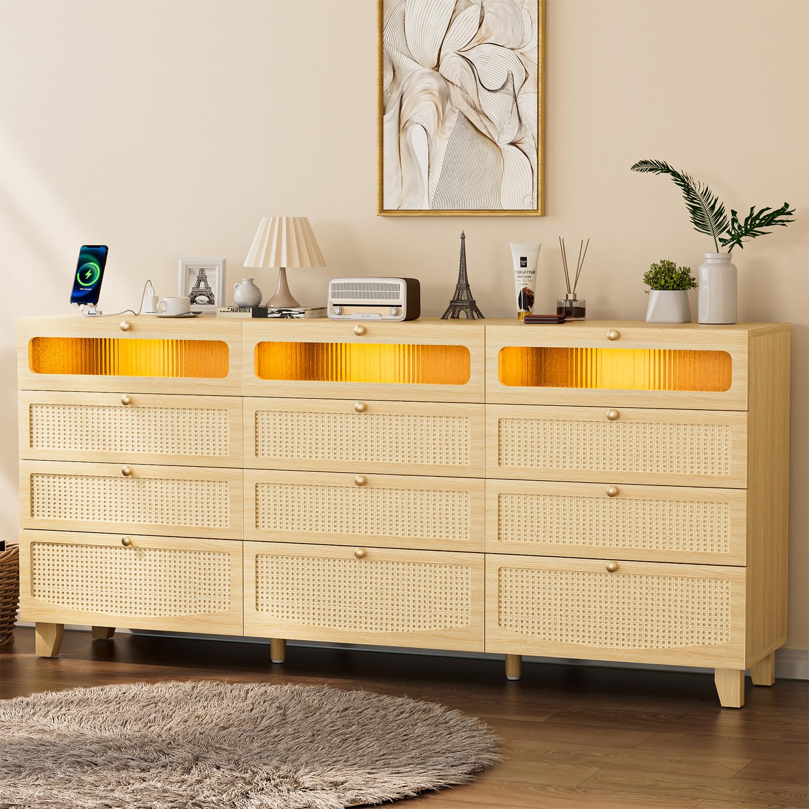 12 Drawer Dresser with LED Light and Charging Station