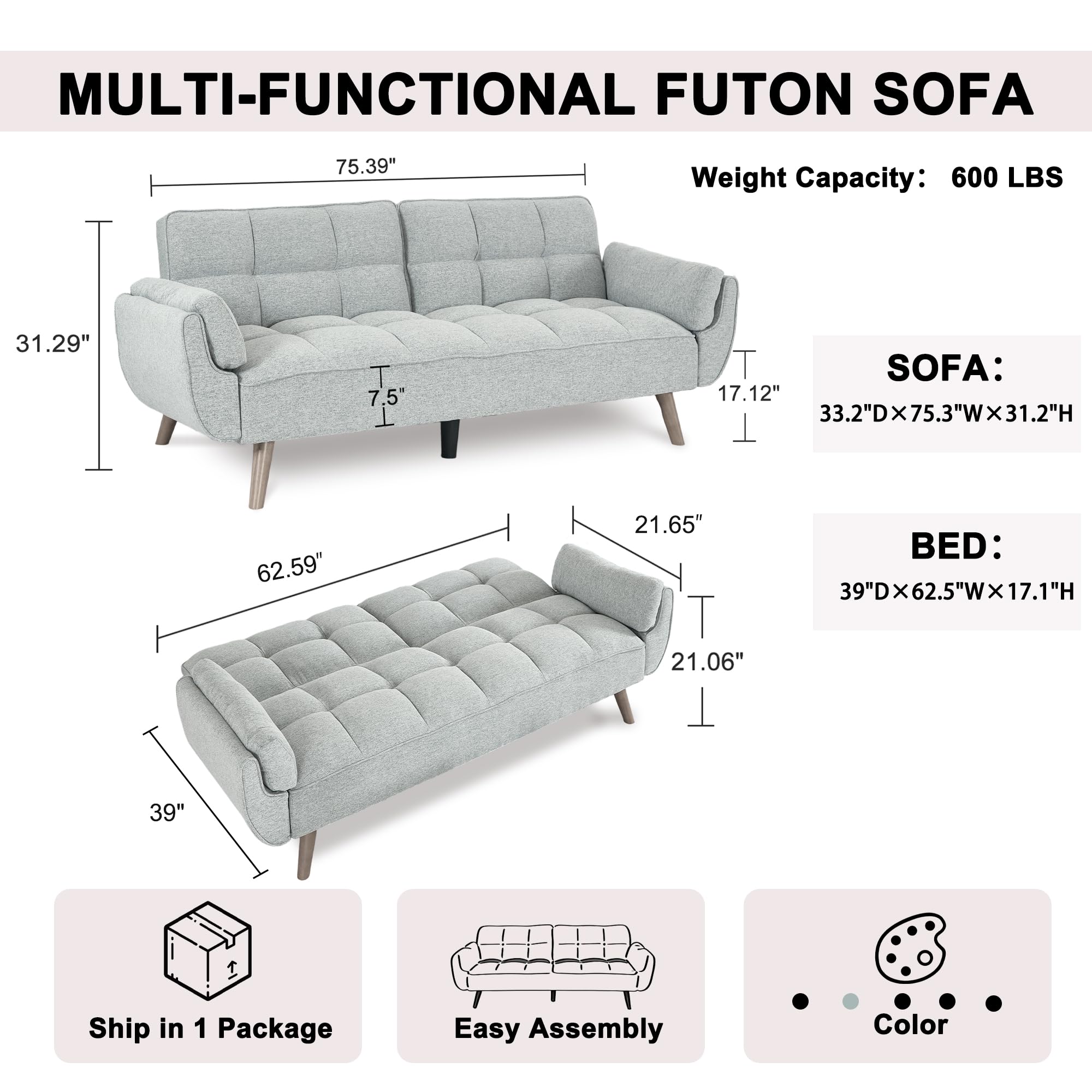 75" Convertible Futon Sofa Bed