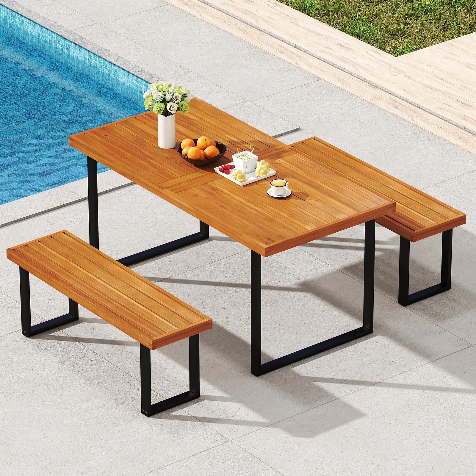 48" Acacia Wood Outdoor Bench with Slatted Seat