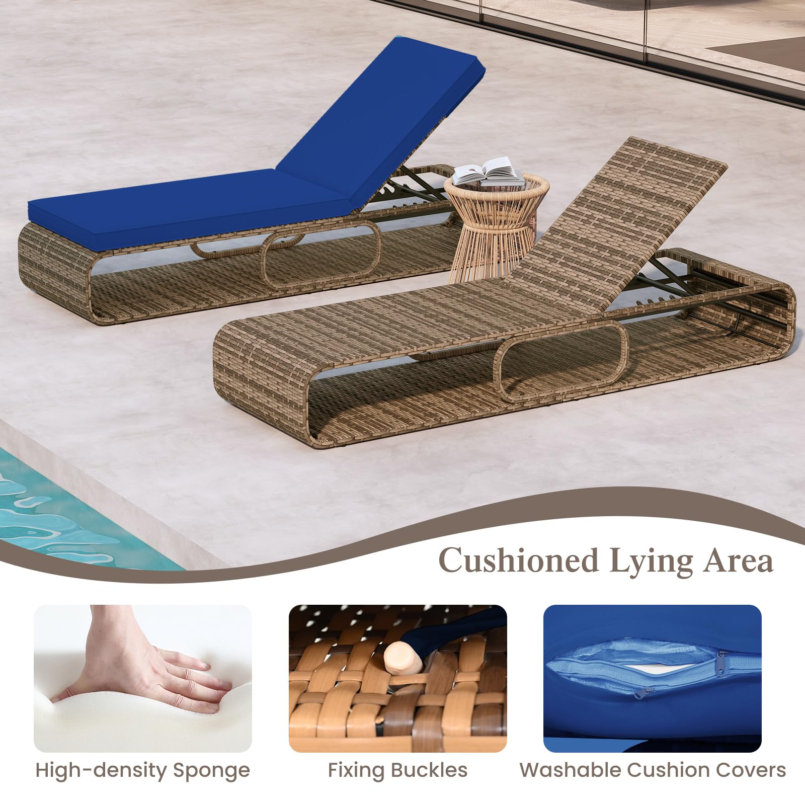 7-Position Adjustable PE Wicker Chaise Lounge Chair with Storage