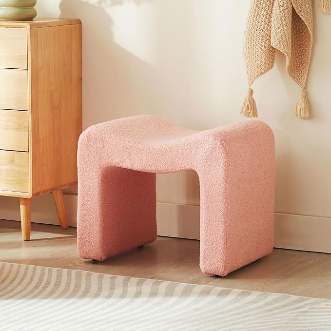 Small Footstool Ottoman Vanity Stool Set White Teddy Velvet 2-in-1