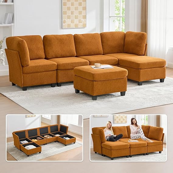 6-Seat U-Shaped Modular Sectional Sofa with Storage Ottoman