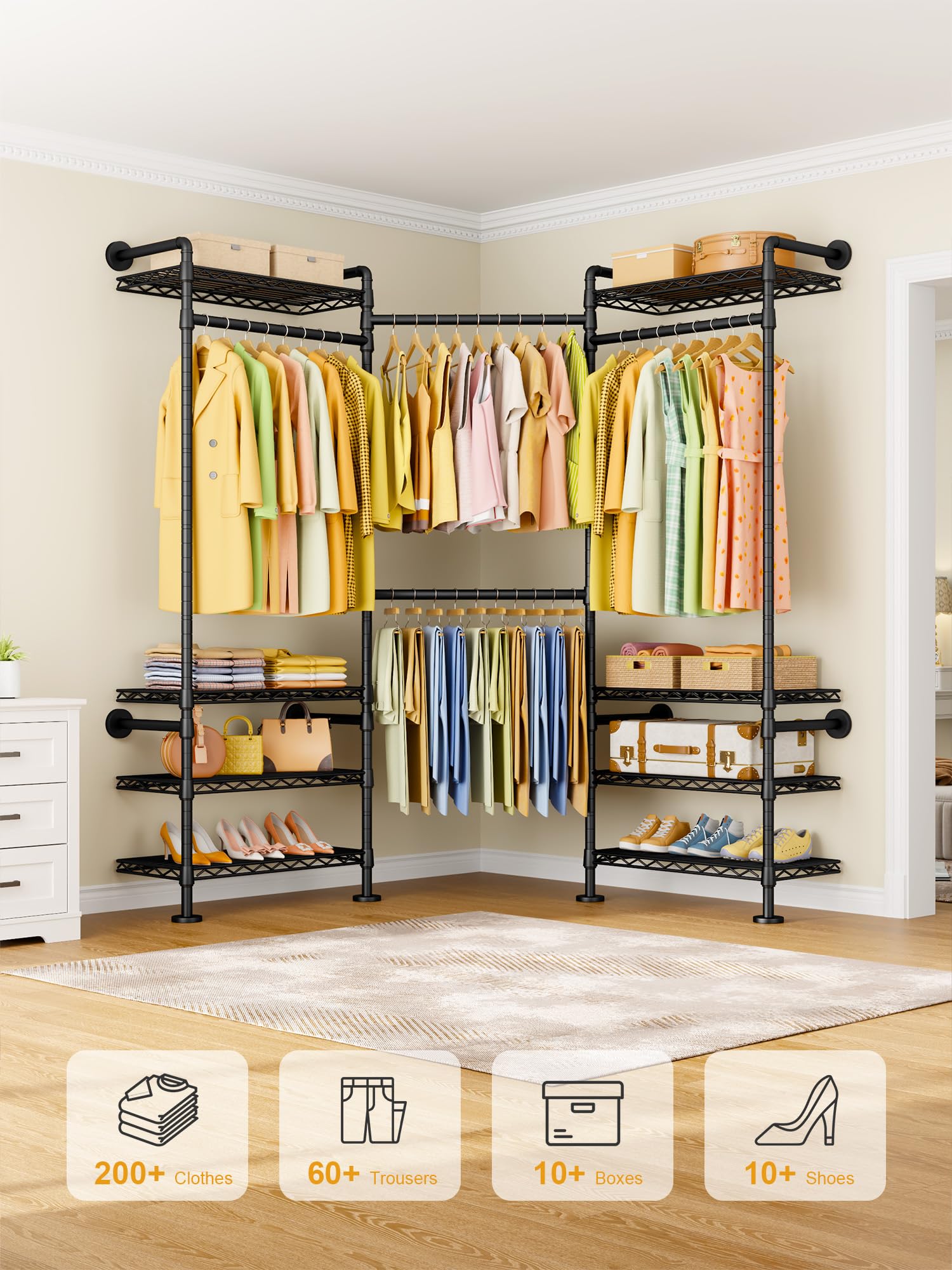 Wall Mounted Clothes Rack with 8 Shelves and 4 Hanger Rods