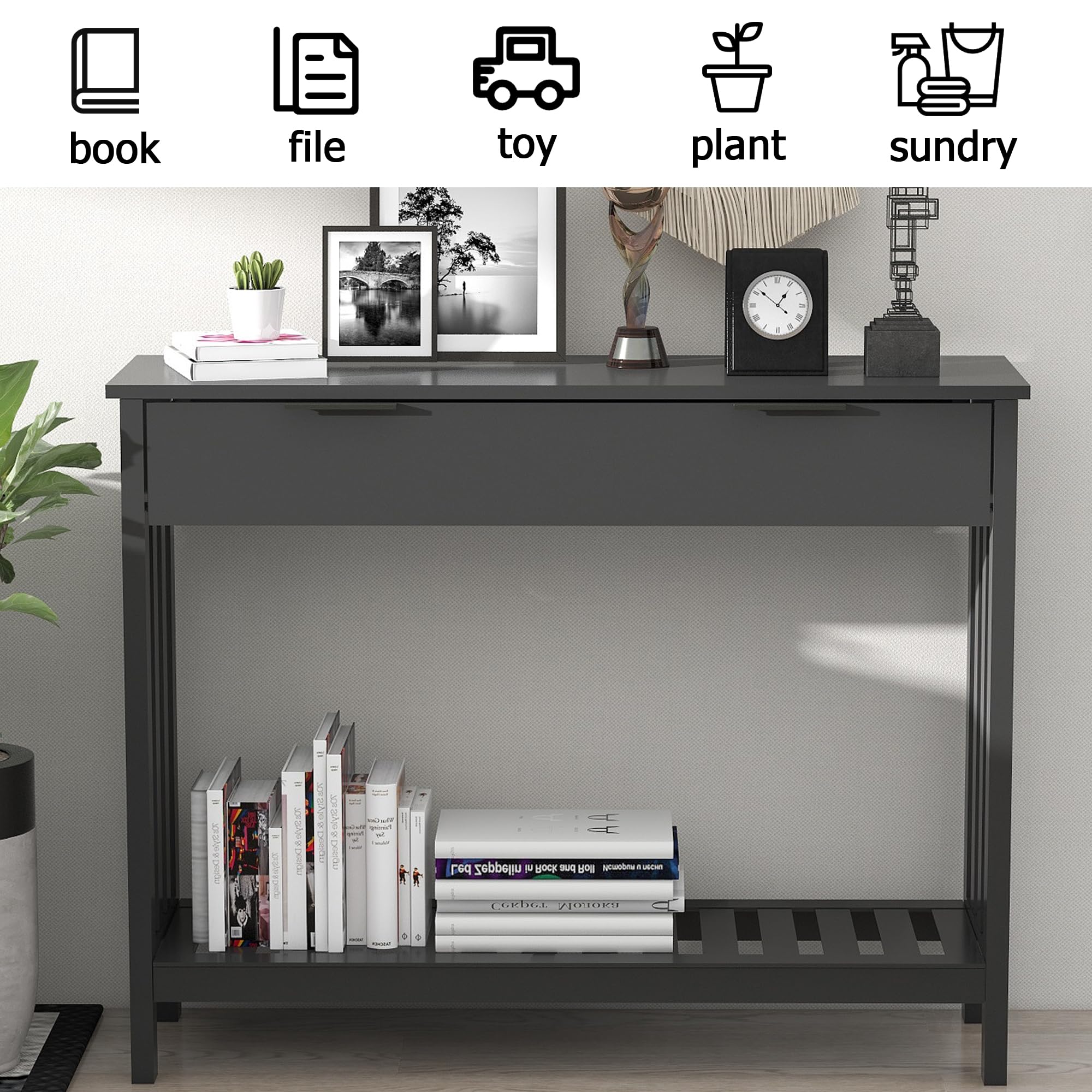 Black Entryway Console Table with Drawer and Storage