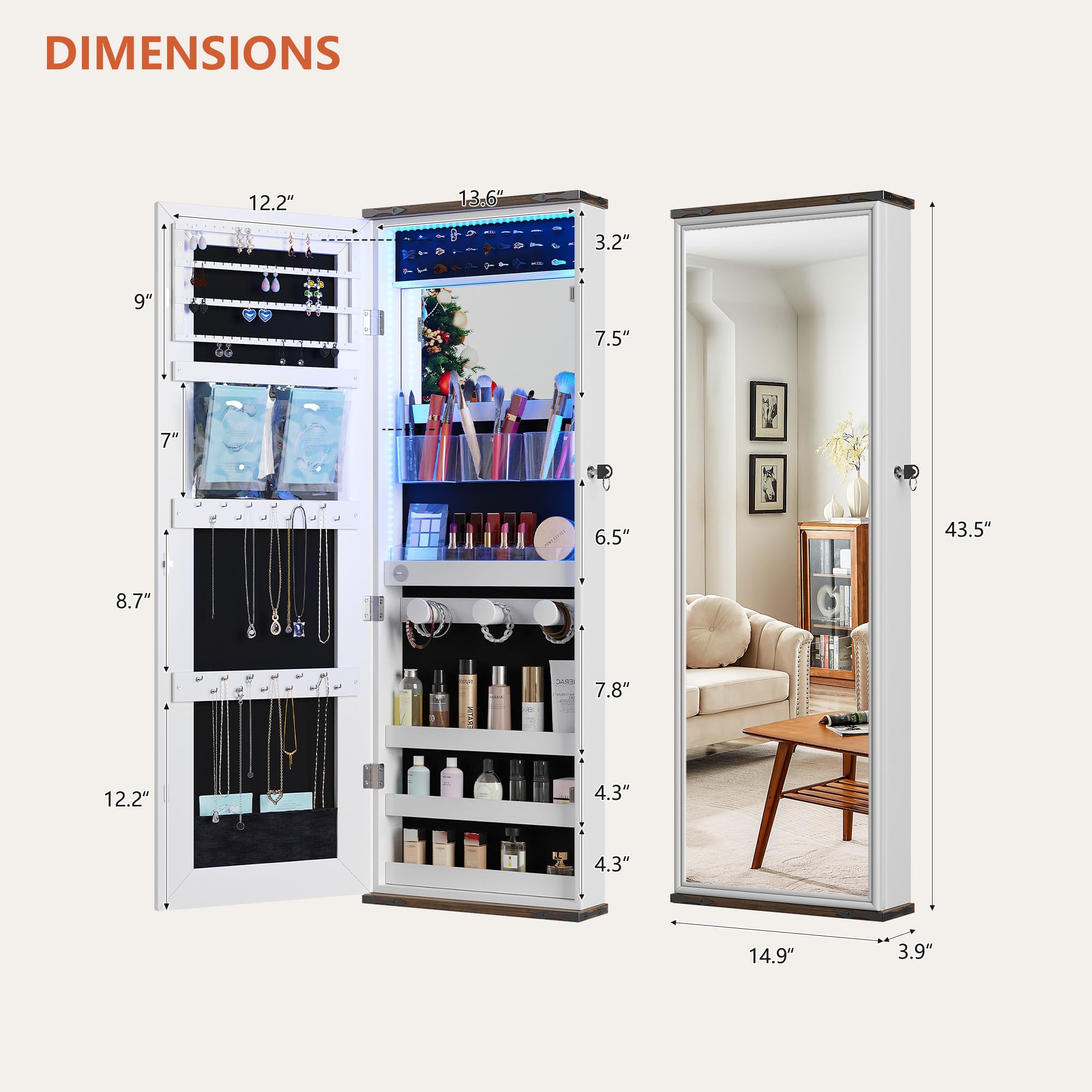 Over the Door Jewelry Organizer Mirror with LED Lights and Lock