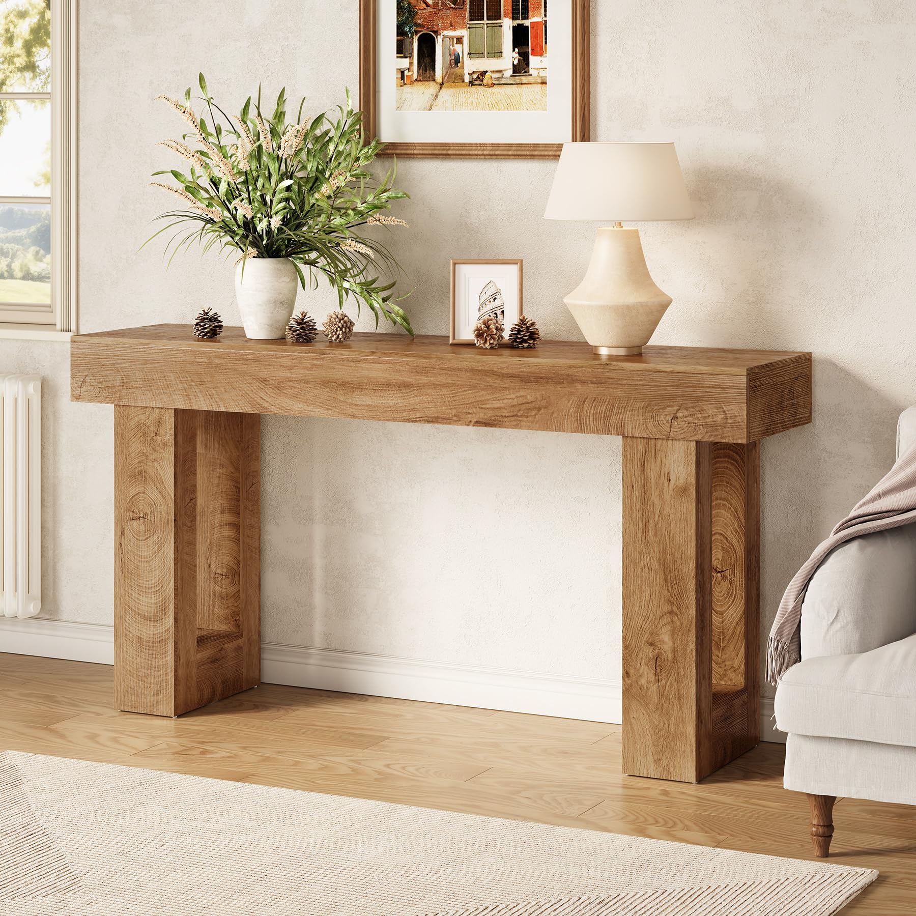 63" Long Console Table Wooden Entryway Sofa Table Industrial Oak