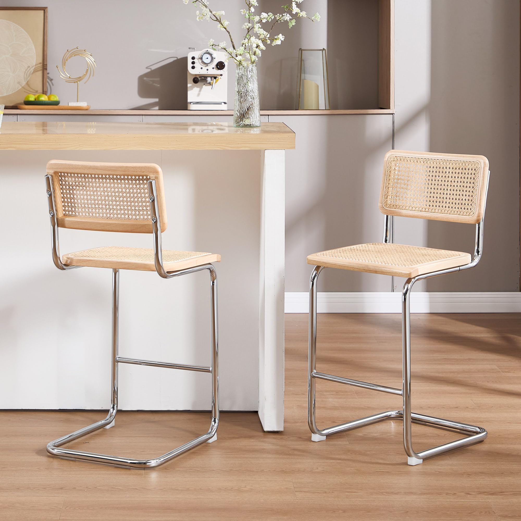 Natural Rattan Bar Stools Set of 4 - 24 Inch Counter Height