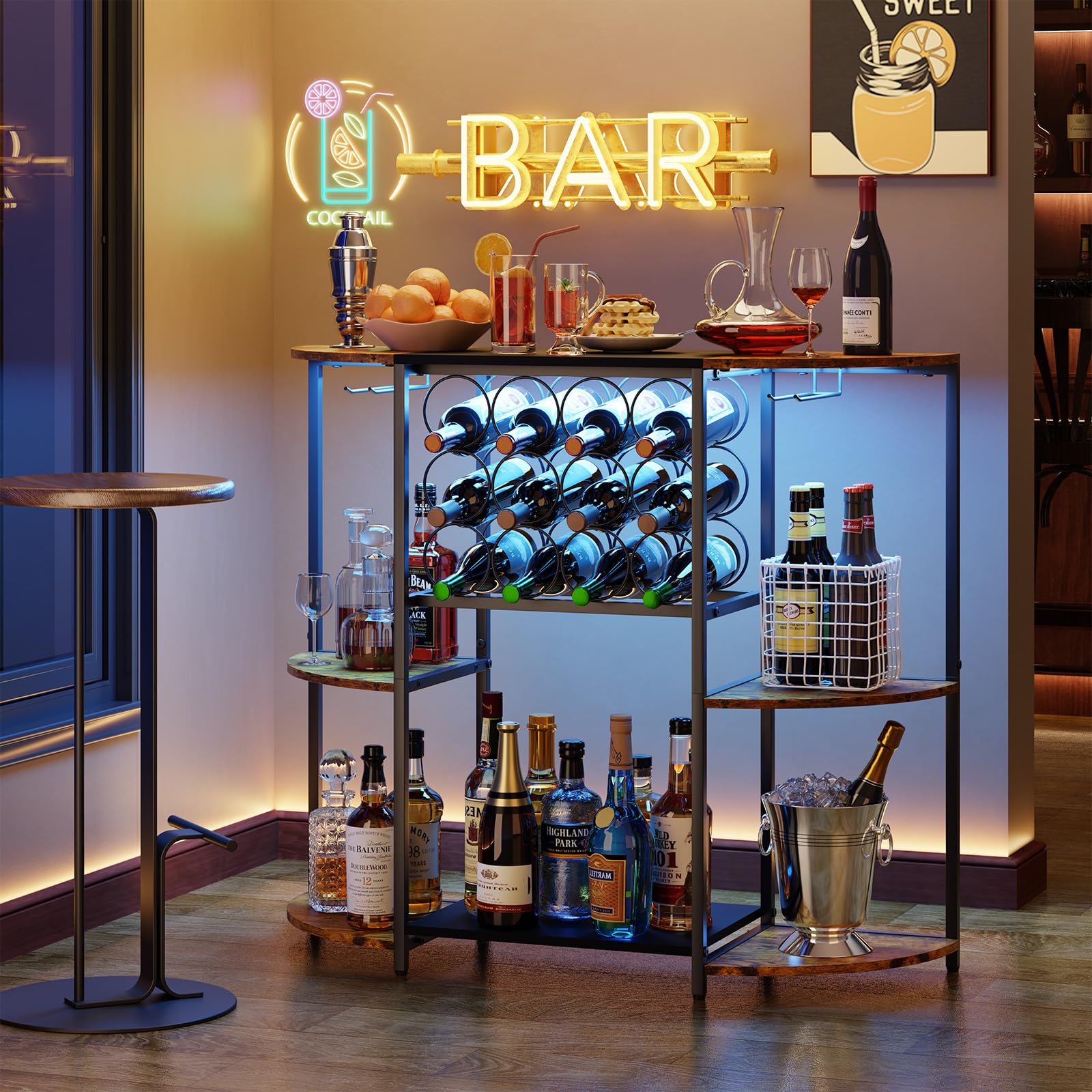 Wine Bar Cabinet with LED Lights and Glass Holder