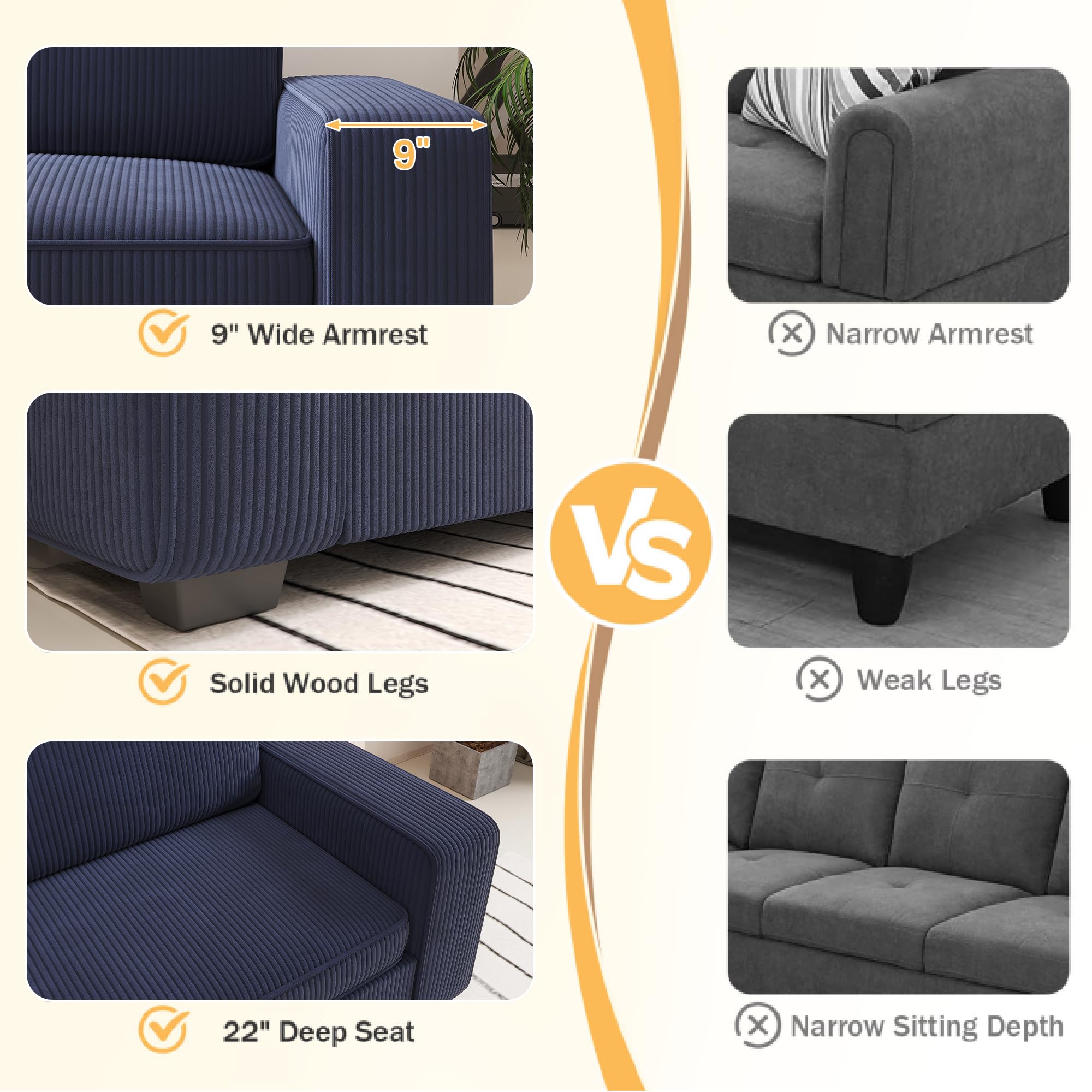 86" Blue Corduroy Sofa with Deep Seats