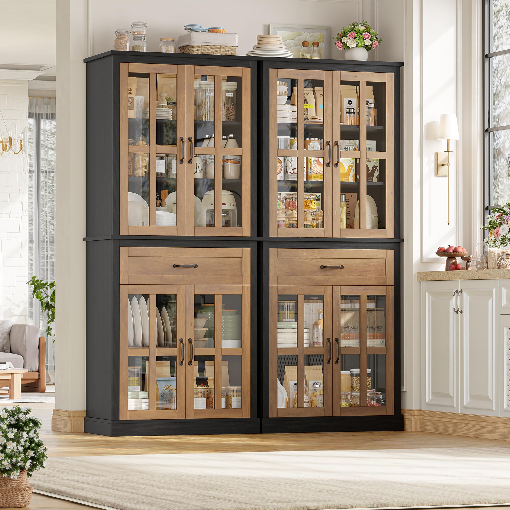 Kitchen Pantry Cabinet with Glass Doors and Drawer