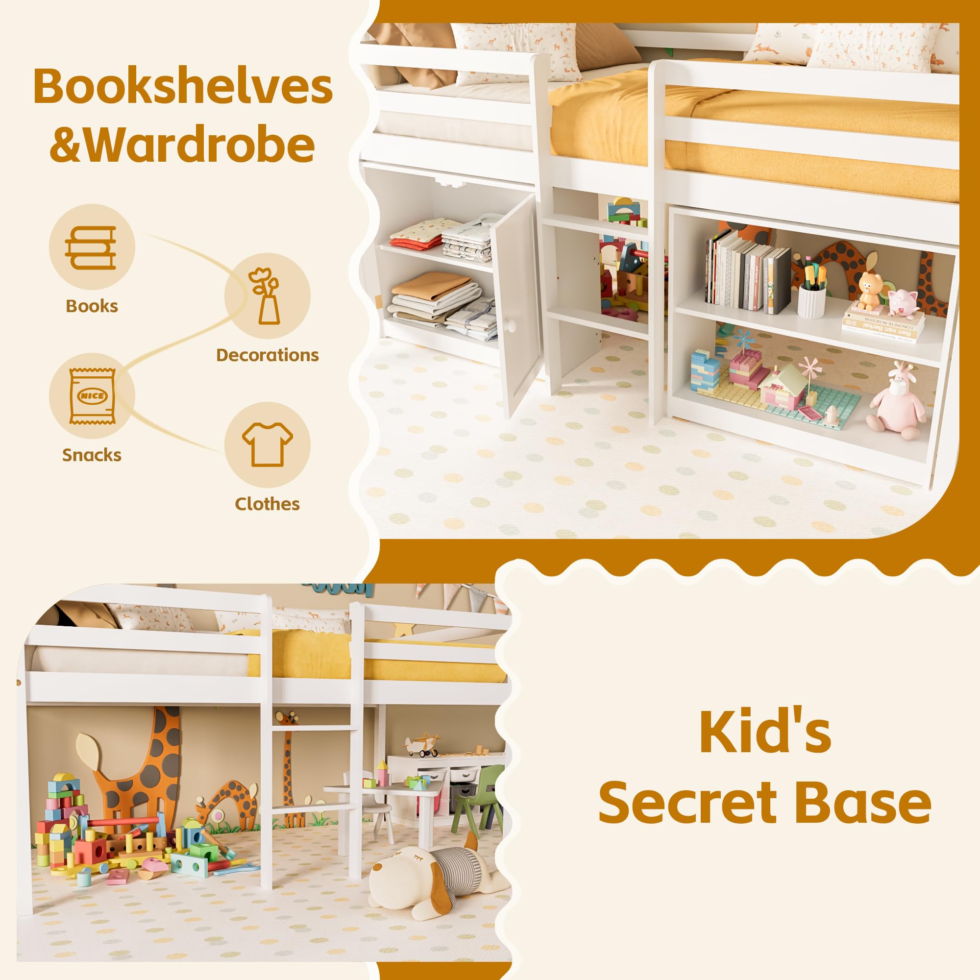Twin Loft Bed with Lights and Storage Bookcase
