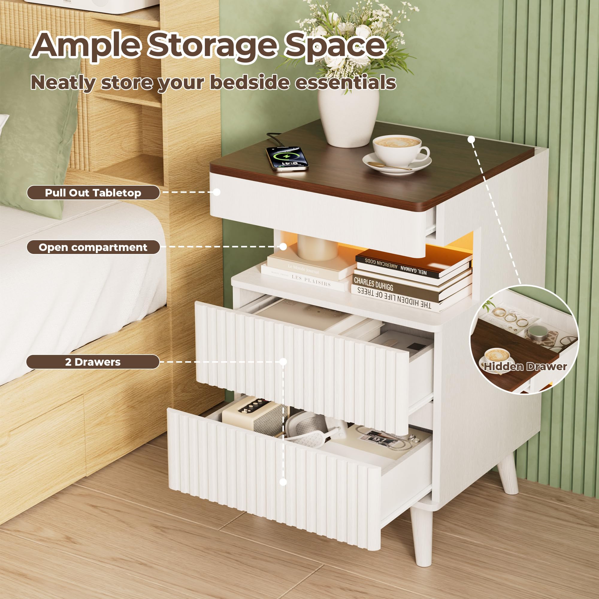 Tall Fluted Nightstand with Charging Station and LED Light
