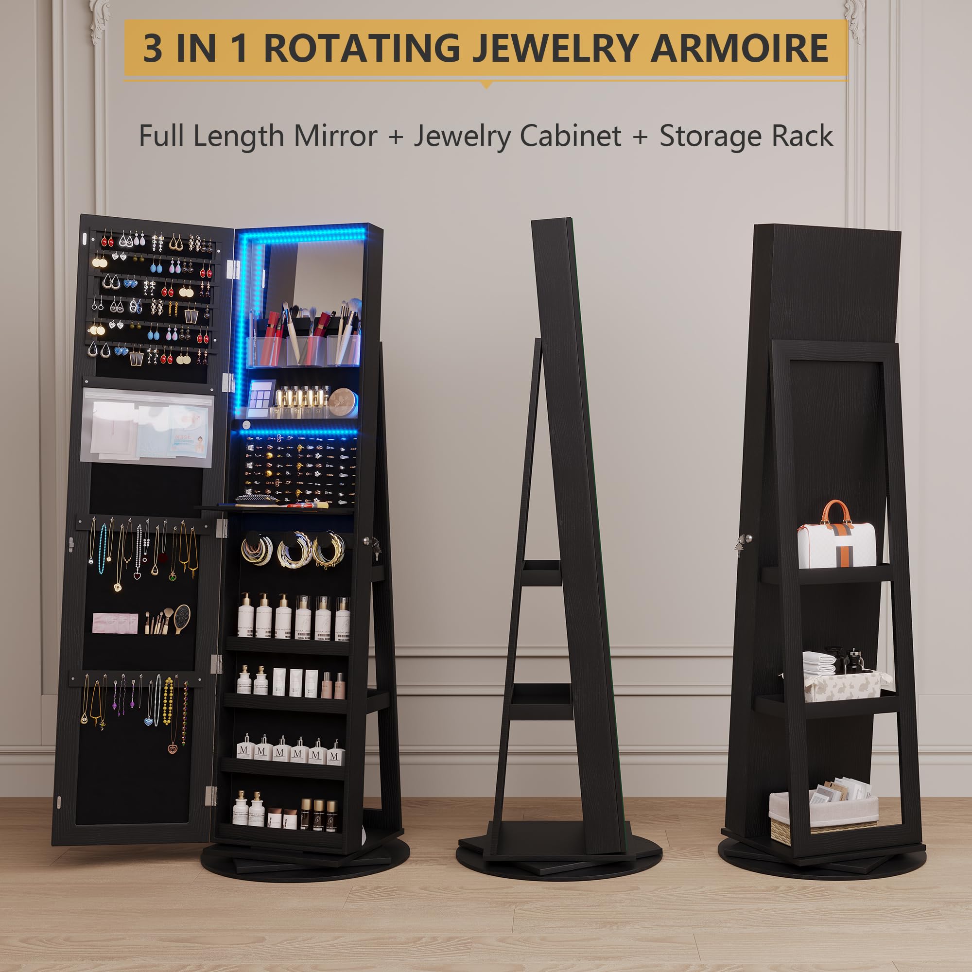 360° Swivel Mirror Jewelry Cabinet with Lights
