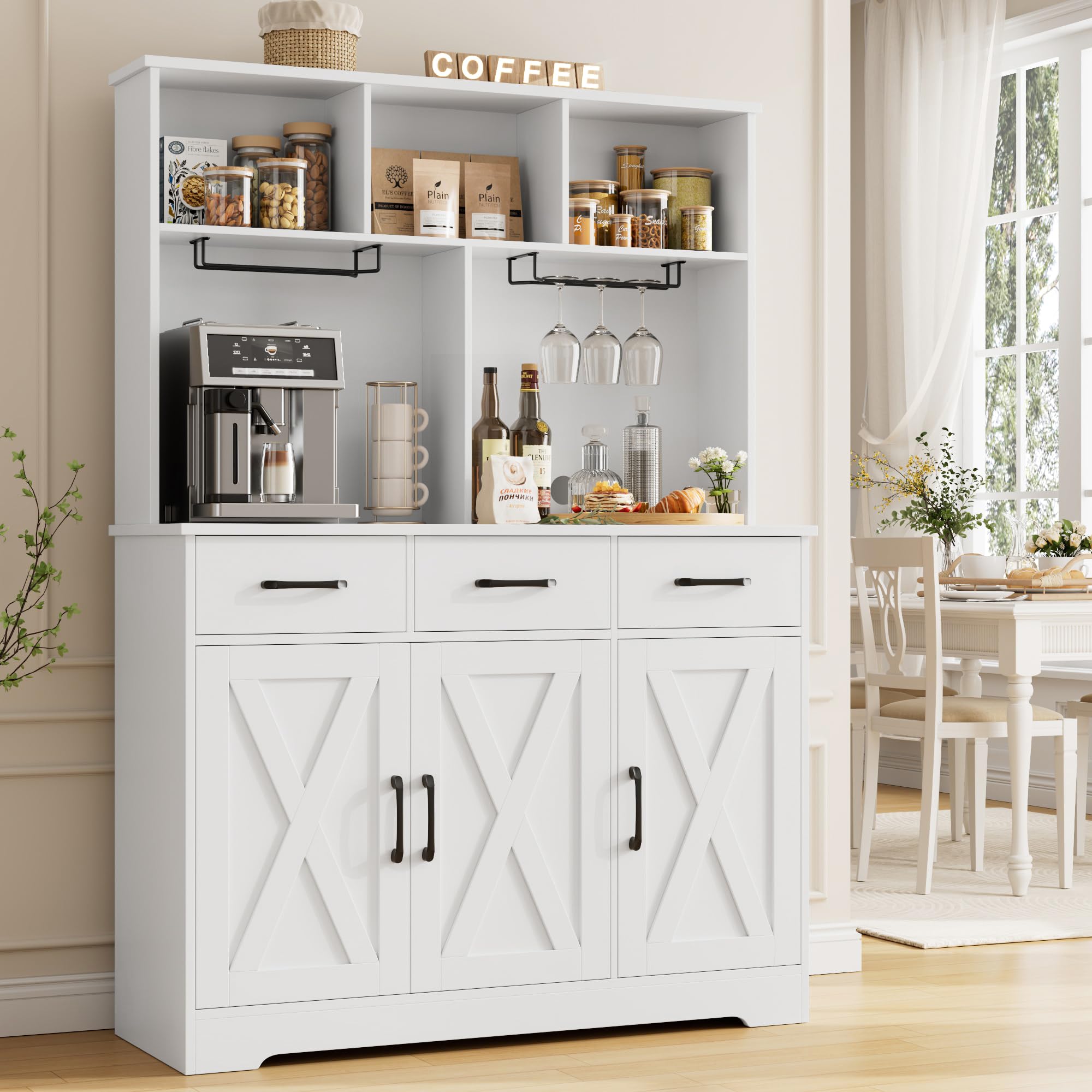 Buffet Cabinet with Hutch White Farmhouse Storage
