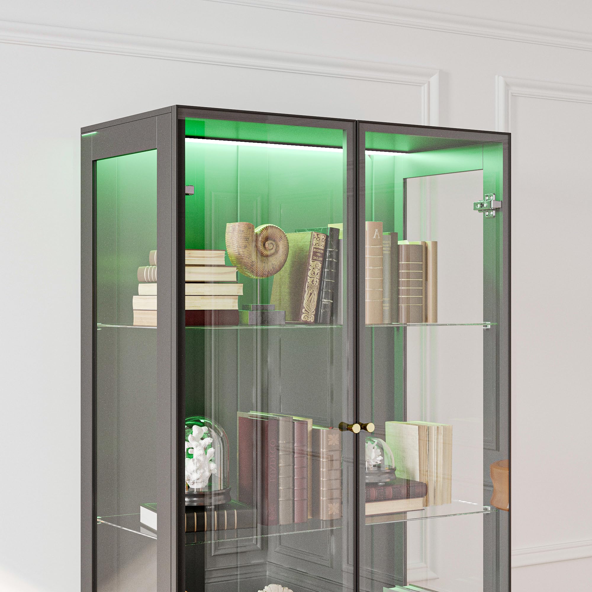 Lighted Bookcase with Drawers and Glass Doors
