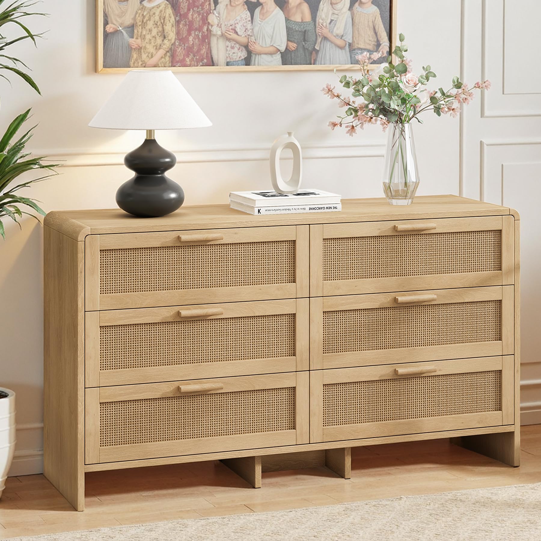 6 Drawer Rattan Dresser with Rounded Edges
