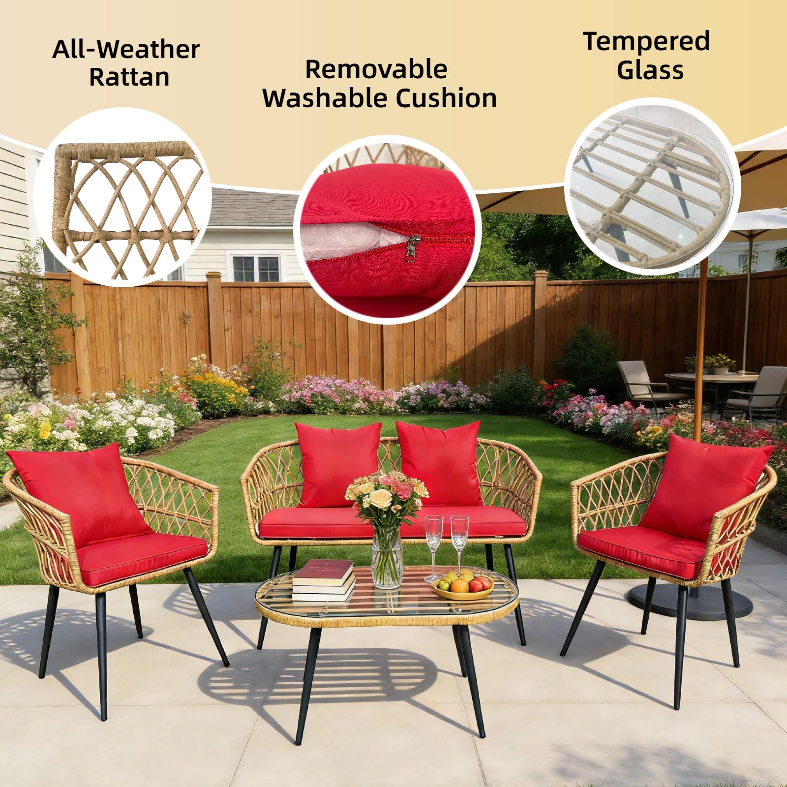 4 Piece Patio Furniture Set with Wicker Sofa and Glass Table