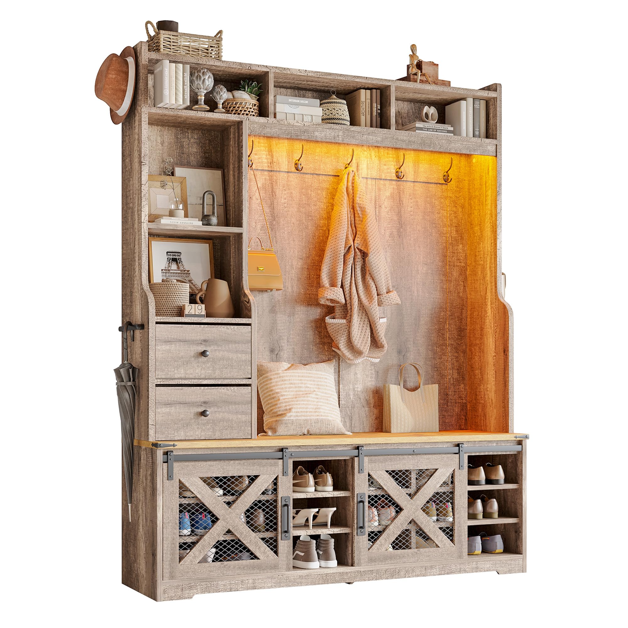 Farmhouse Hall Tree with Bench and Shoe Cabinet