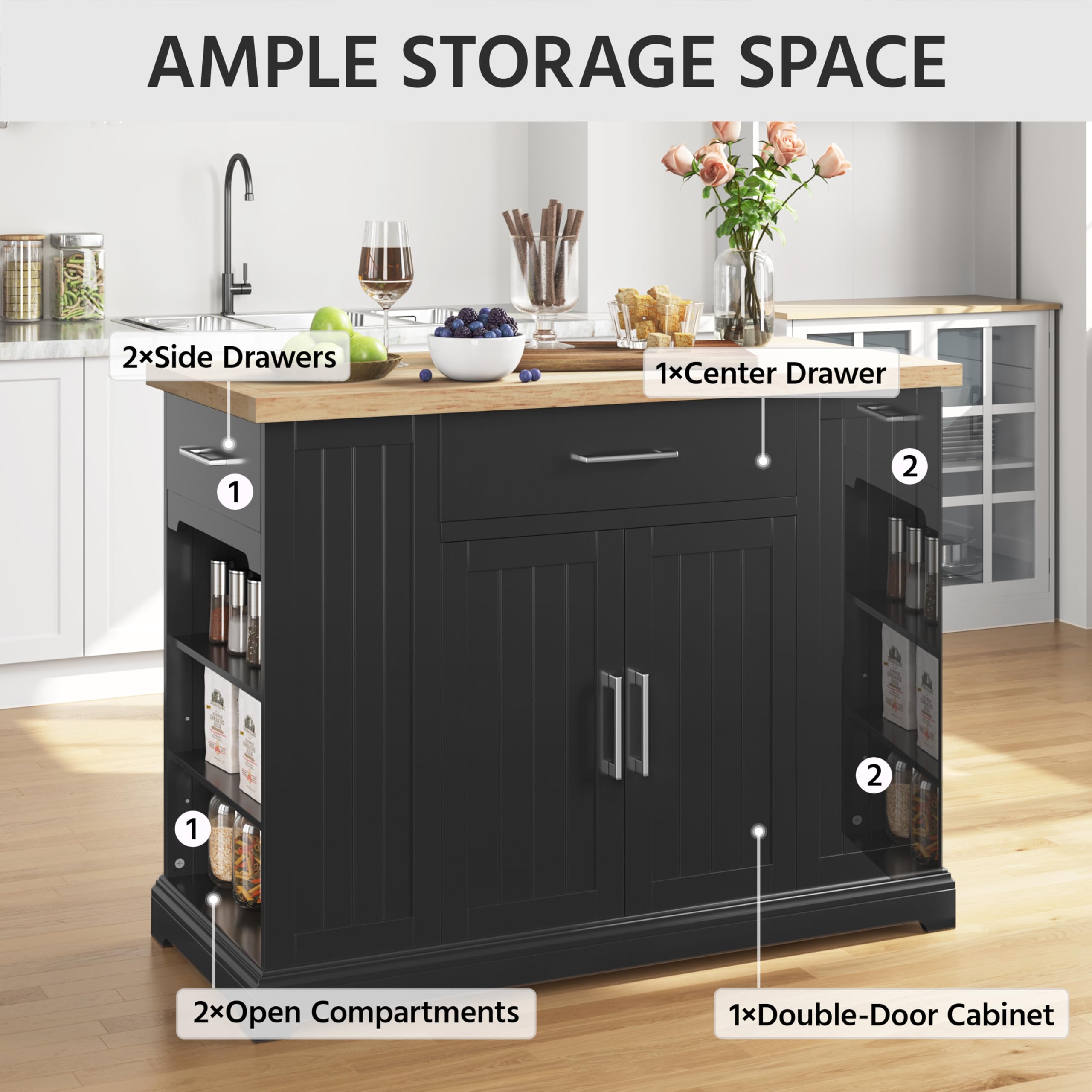 Kitchen Island on Hidden Wheels with Rubberwood Top