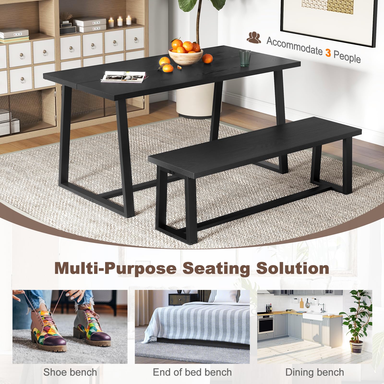 56.5" Wood Dining Bench with Metal Frame