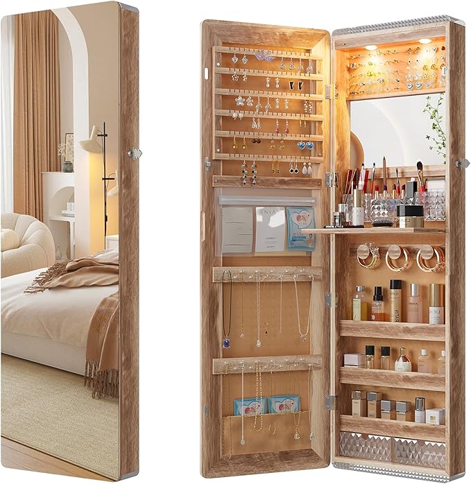 47.2" LED Wall Mounted Jewelry Cabinet with Full Length Mirror