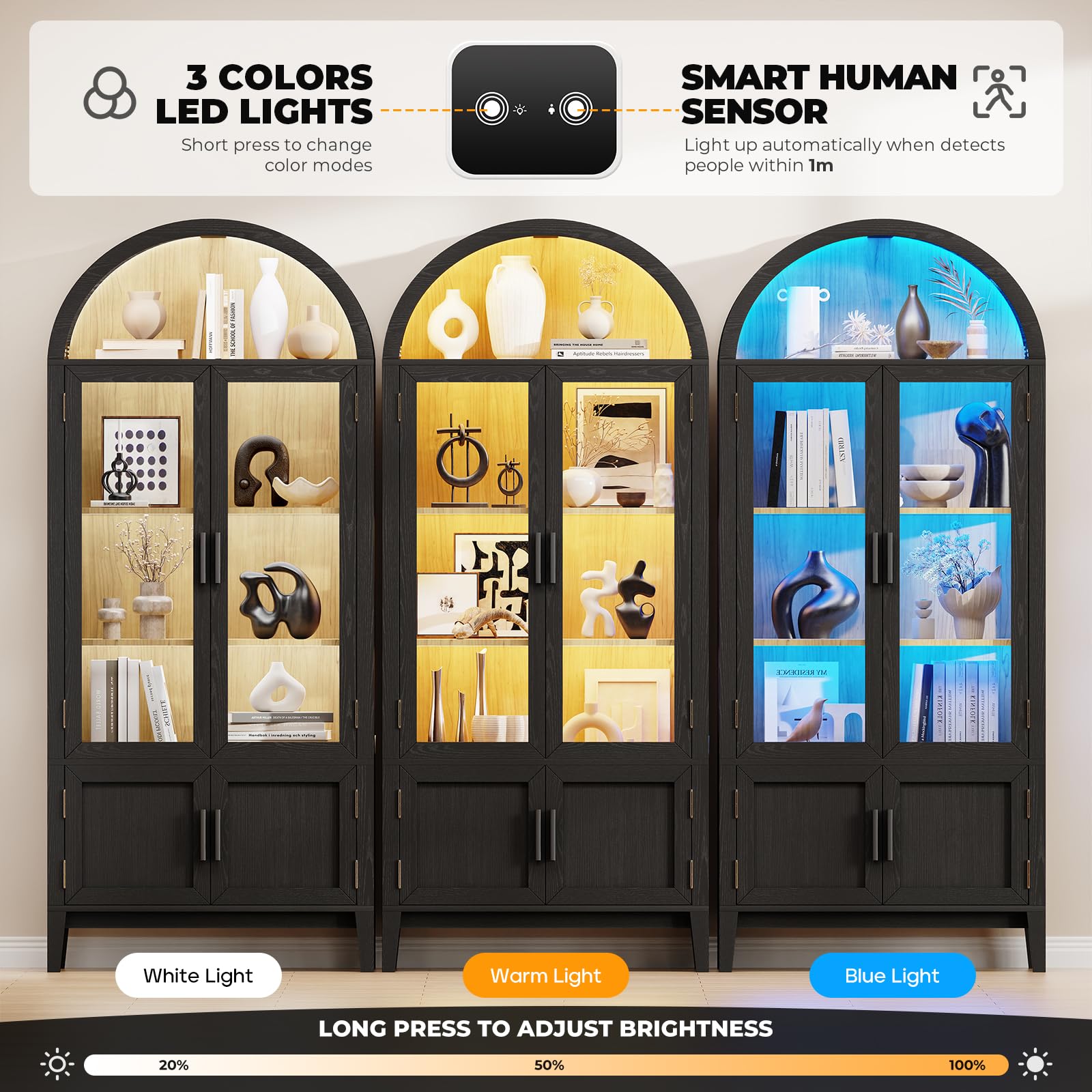 Arched Glass Door Pantry Cabinet with LED Lights