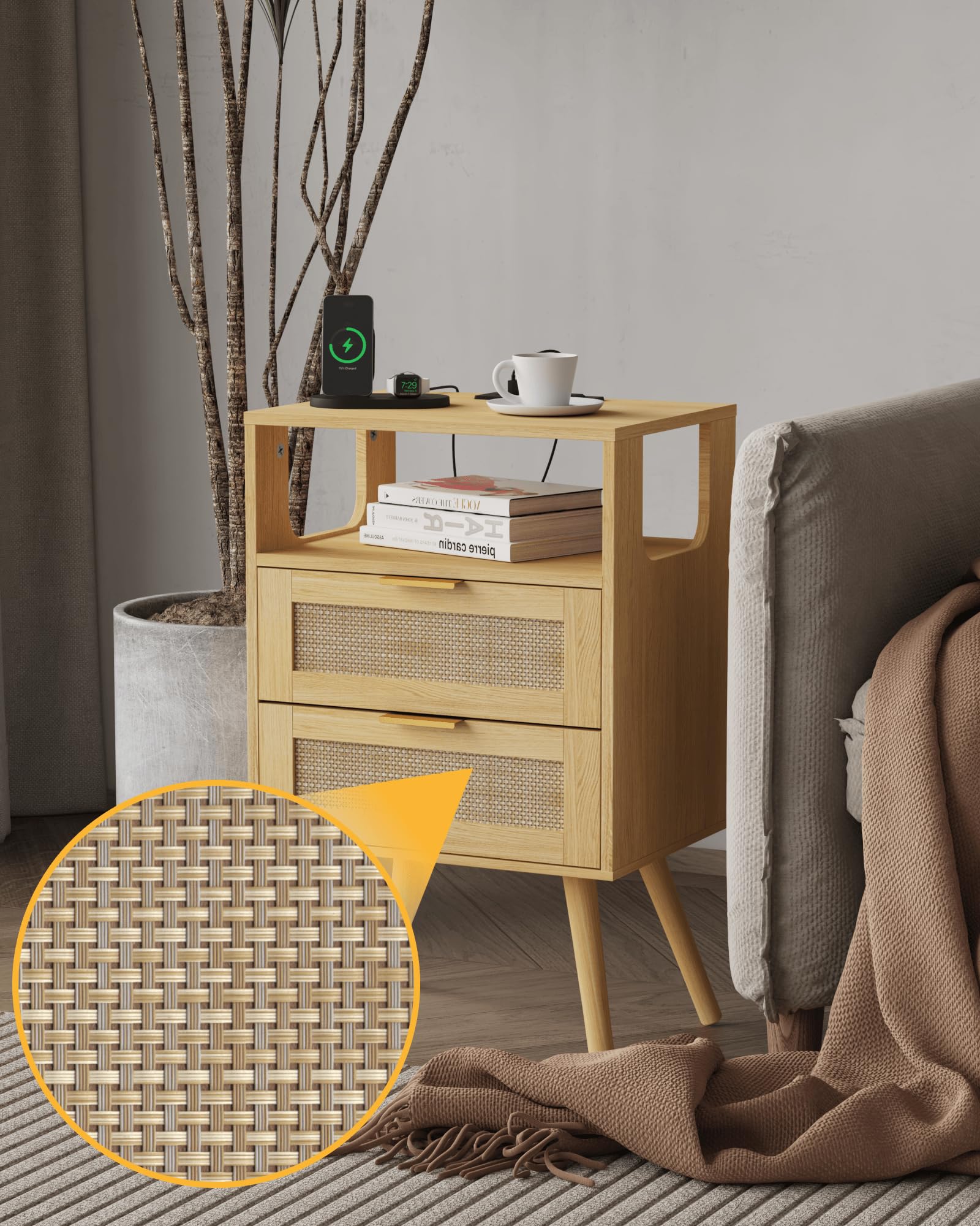 Rattan Nightstand with Charging Station