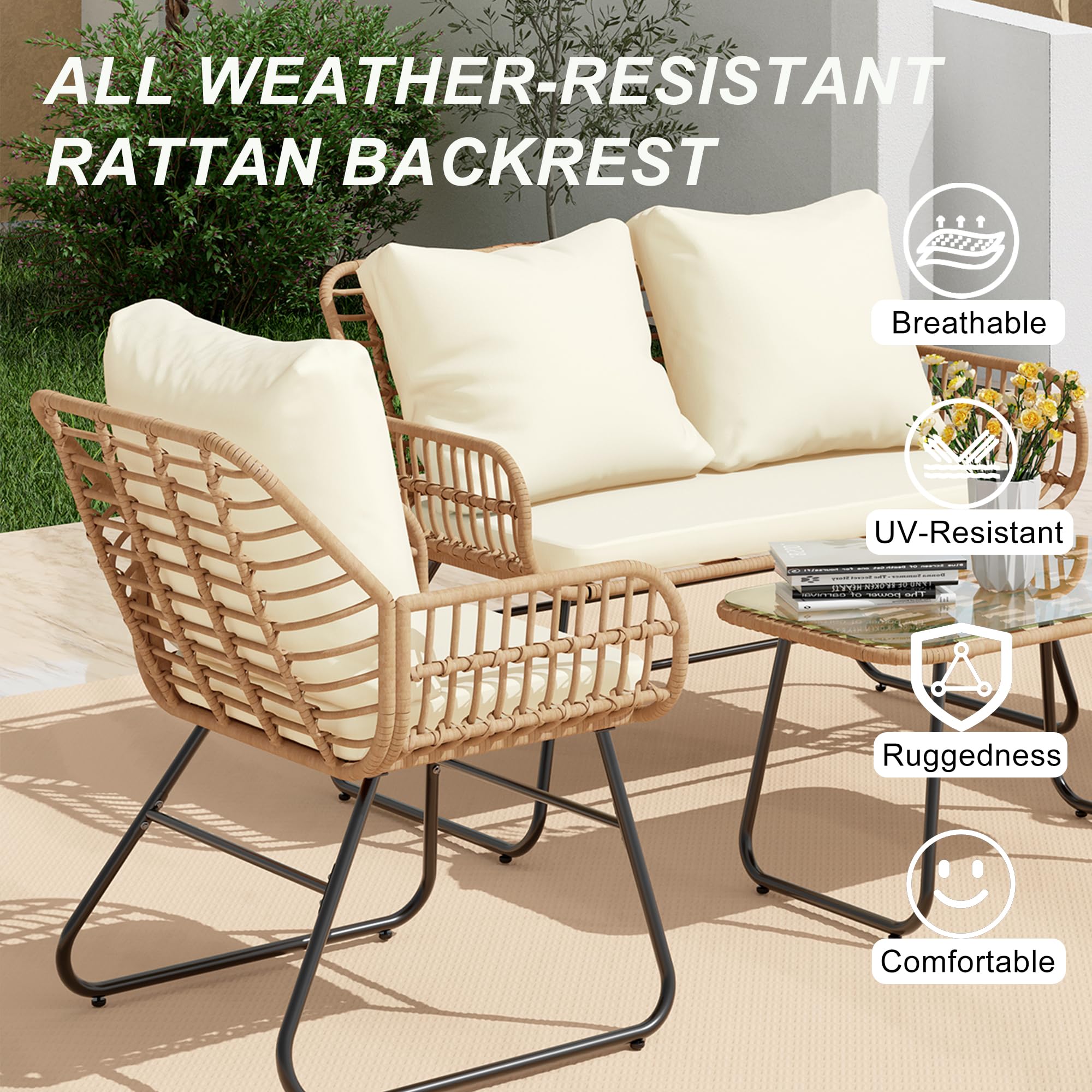 4-Piece Outdoor Patio Furniture Set with Cushions and Tempered Glass Table
