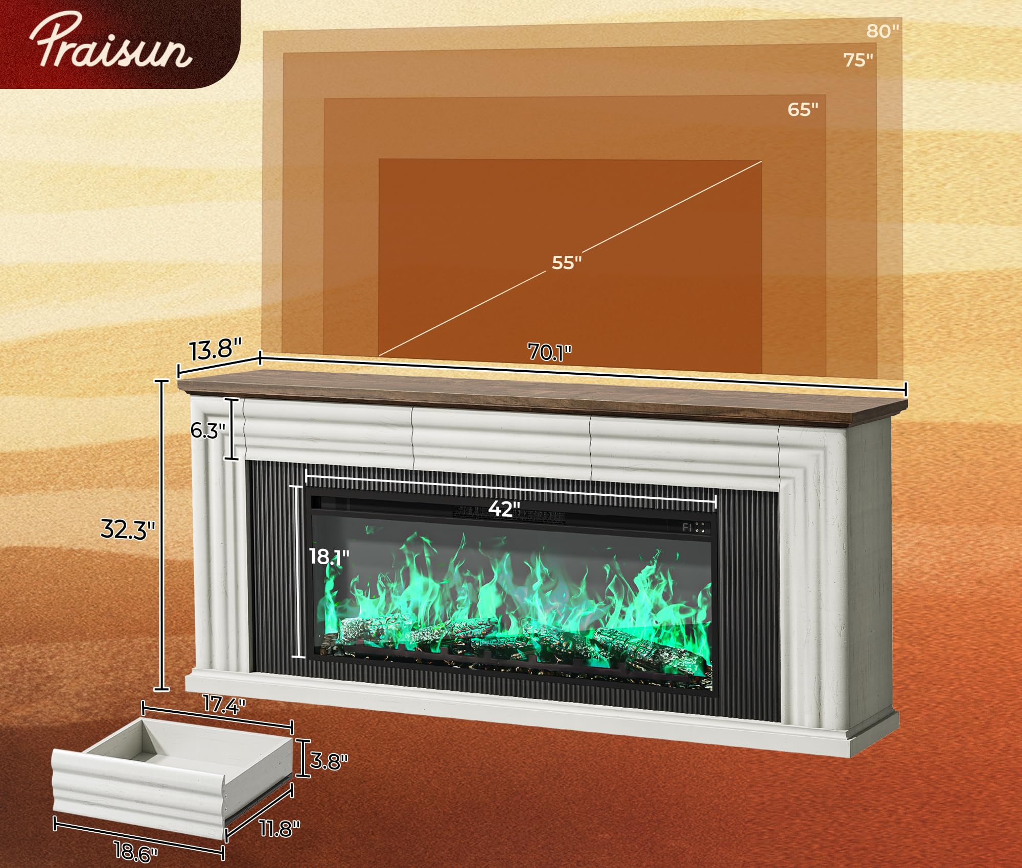 70 Inch Fireplace TV Stand with Electric Fireplace